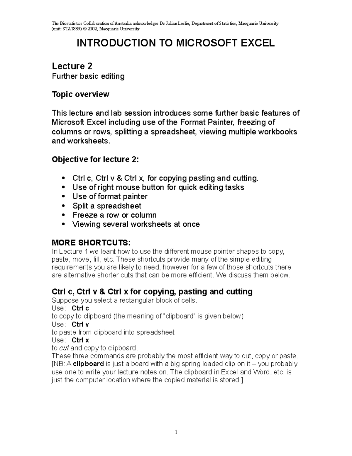 Introduction to excel use in stats lect2 - (unit: STAT889) © 2002 ...