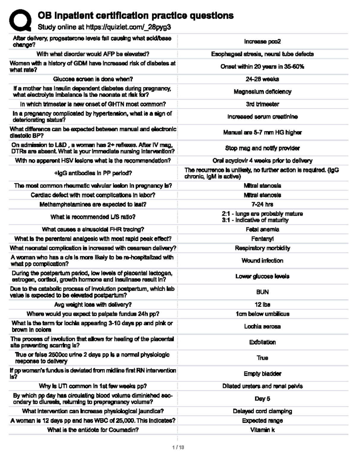 OB. Practice question - study - Q OB inpatient certification practice ...
