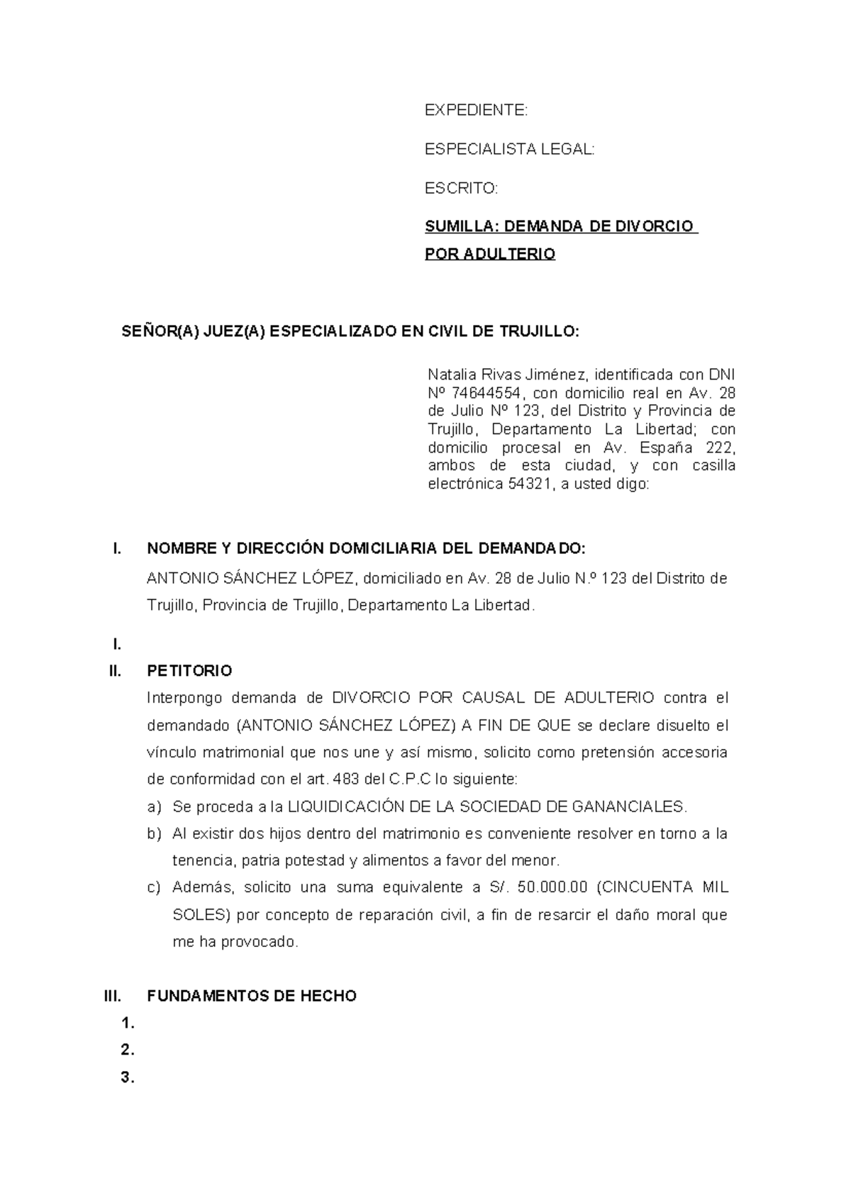 Demanda Civil Expediente Especialista Legal Escrito Sumilla