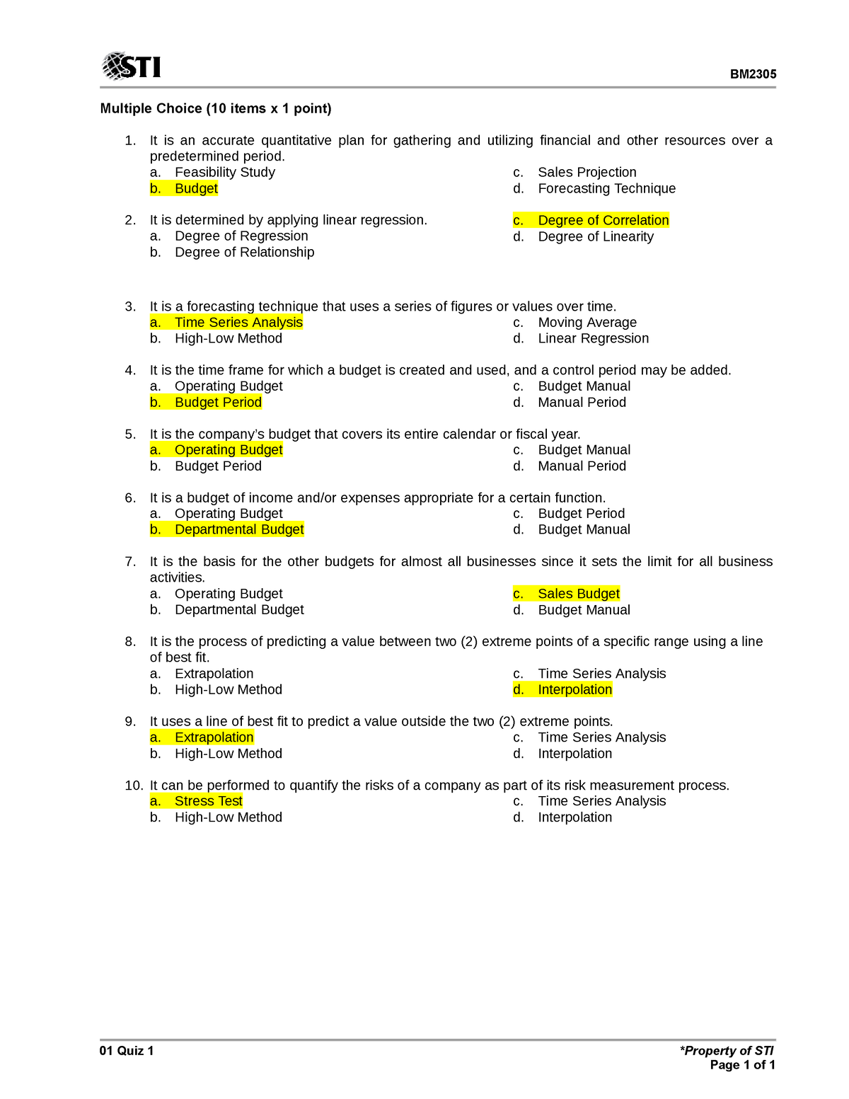 01 Quiz 1(2) (management reporting) - BM Multiple Choice (10 items x 1 ...