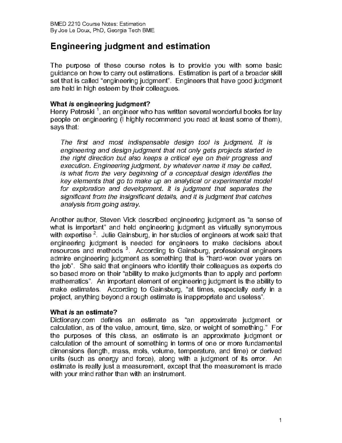 Engineering Judgement and Estimation By Joe Le Doux, PhD,