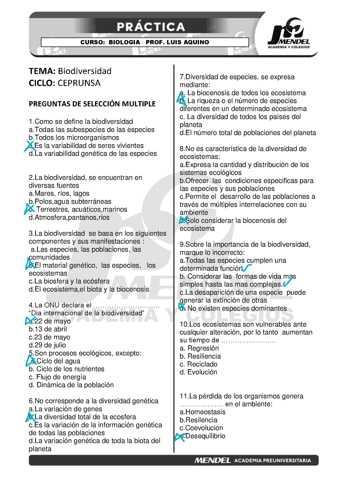 Biologia Biodiversidad - TEMA: Biodiversidad CICLO: CEPRUNSA PREGUNTAS ...