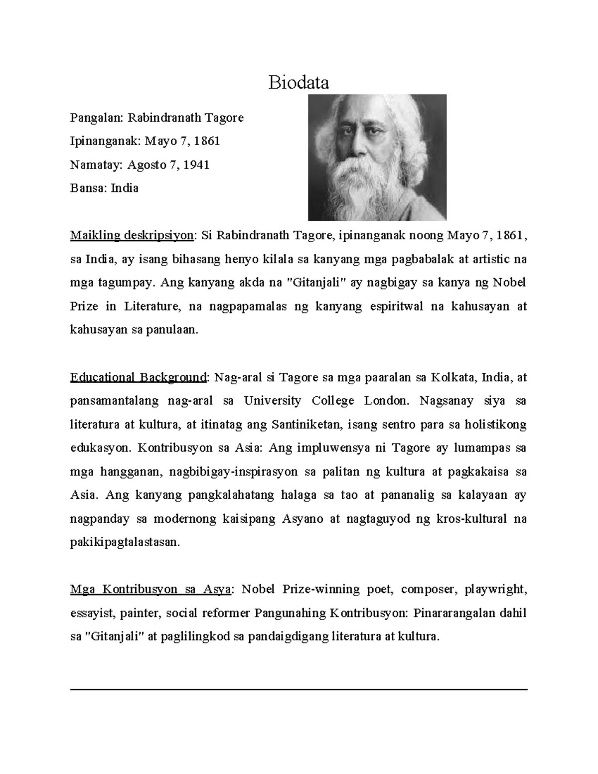 Biodata - Biodata Pangalan: Rabindranath Tagore Ipinanganak: Mayo 7 ...