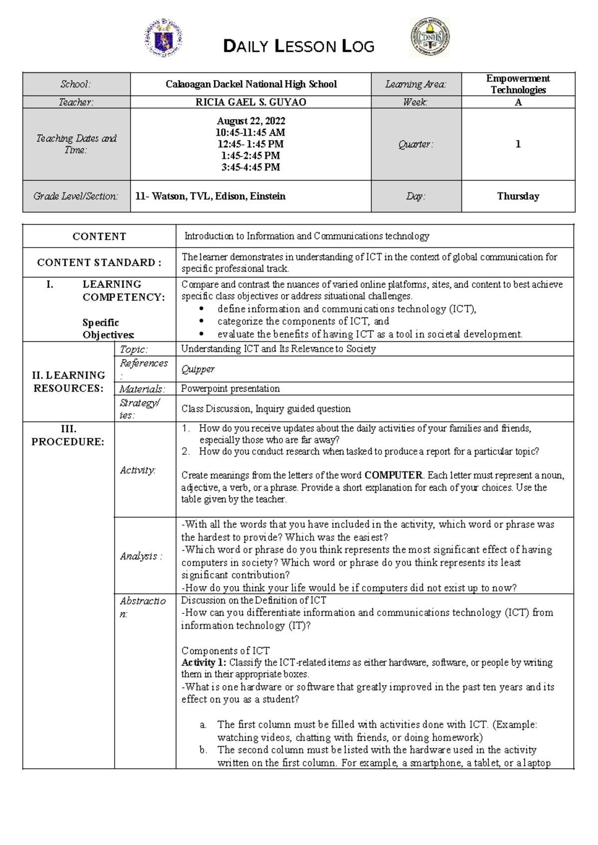 1 - Reviewer - DAILY LESSON LOG School: Calaoagan Dackel National High ...