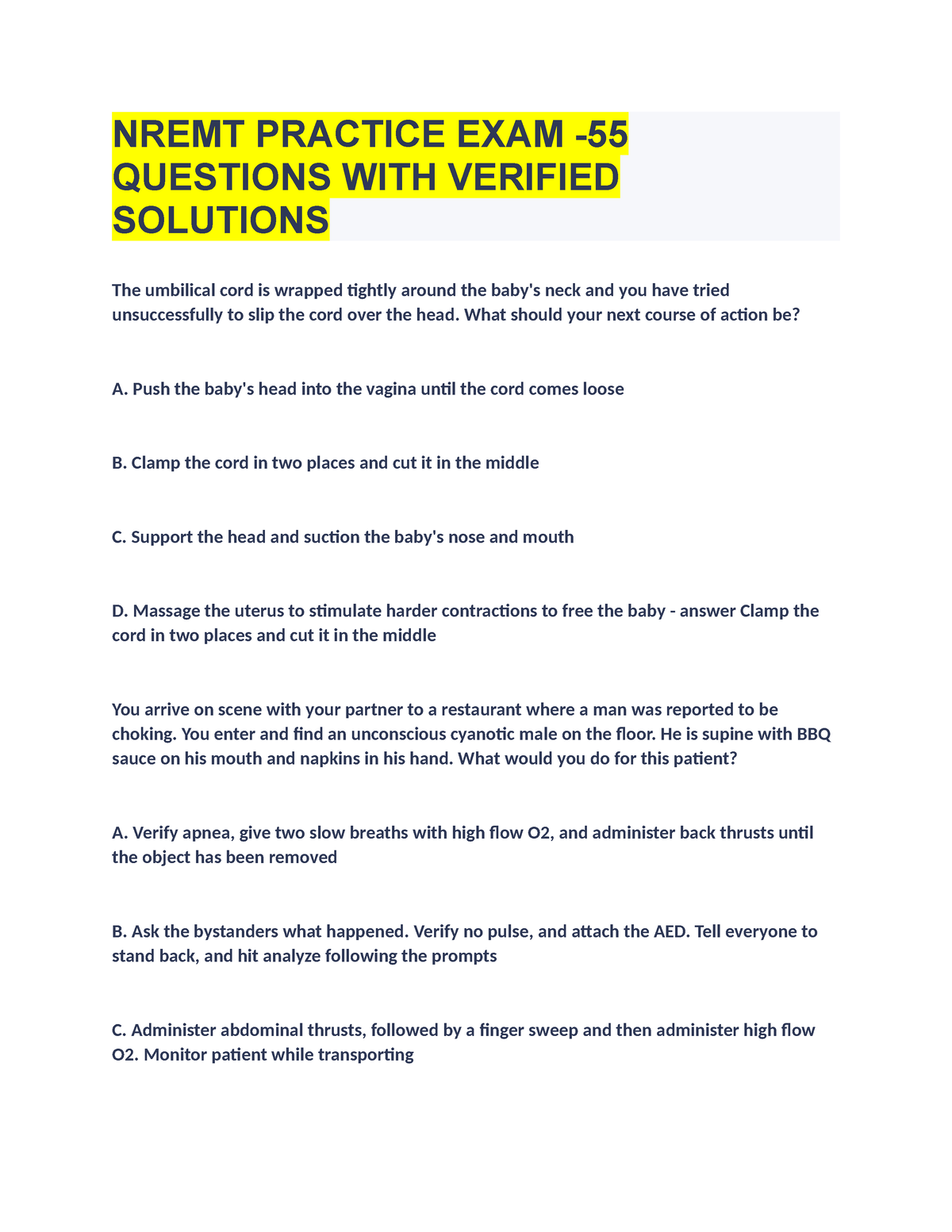 NREMT Practice EXAM -55 Questions WITH Verified Solutions - NREMT ...