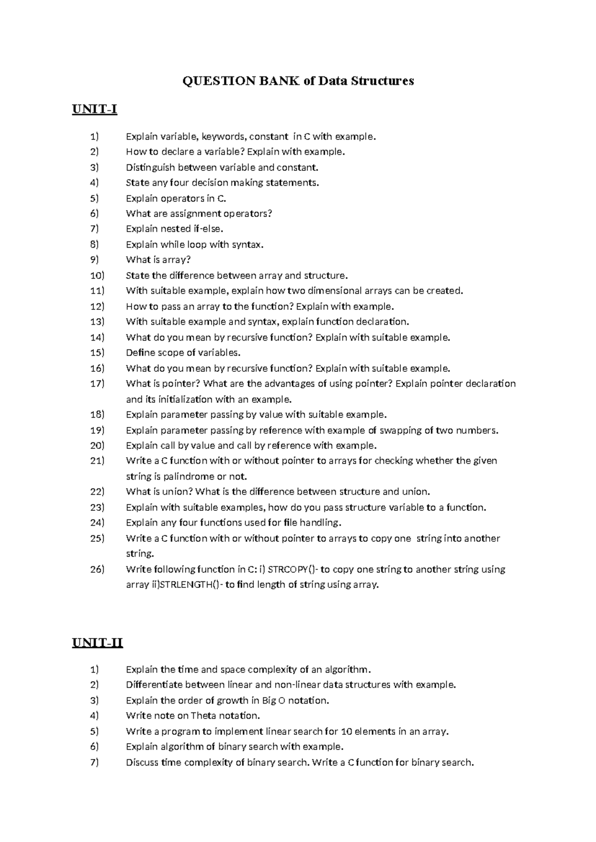 Question BANK of DS - Viv - QUESTION BANK of Data Structures UNIT-I 1 ...
