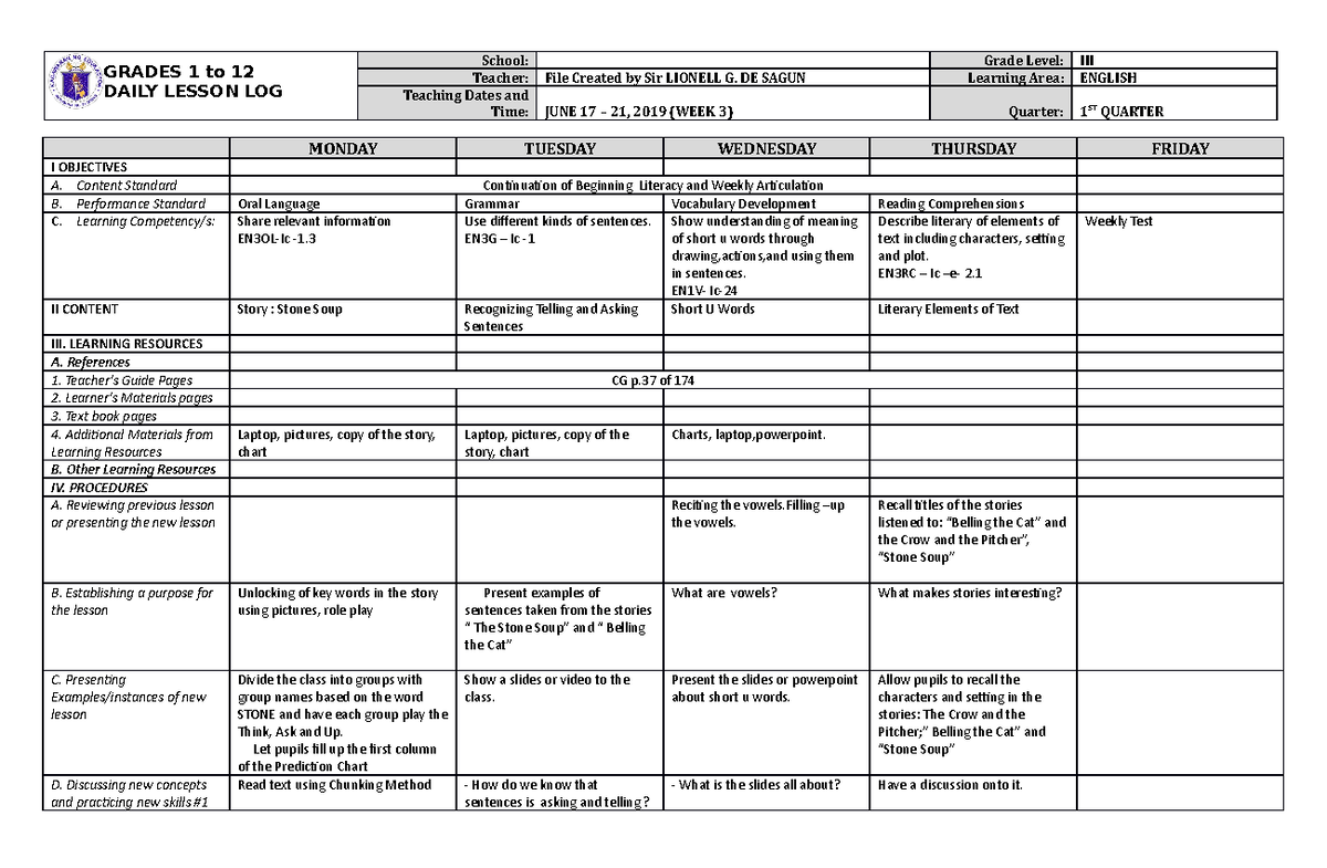 DLL English 3 Q1 W3 - DLL - GRADES 1 to 12 DAILY LESSON LOG School ...