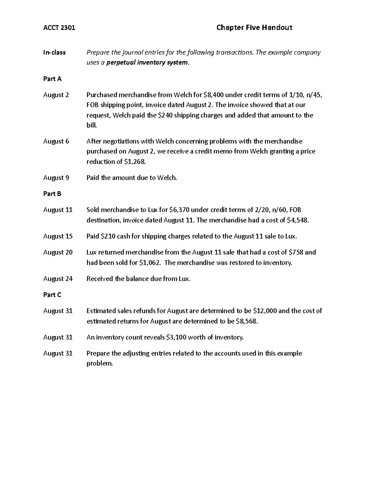 accounting 2301 chapter 5 homework