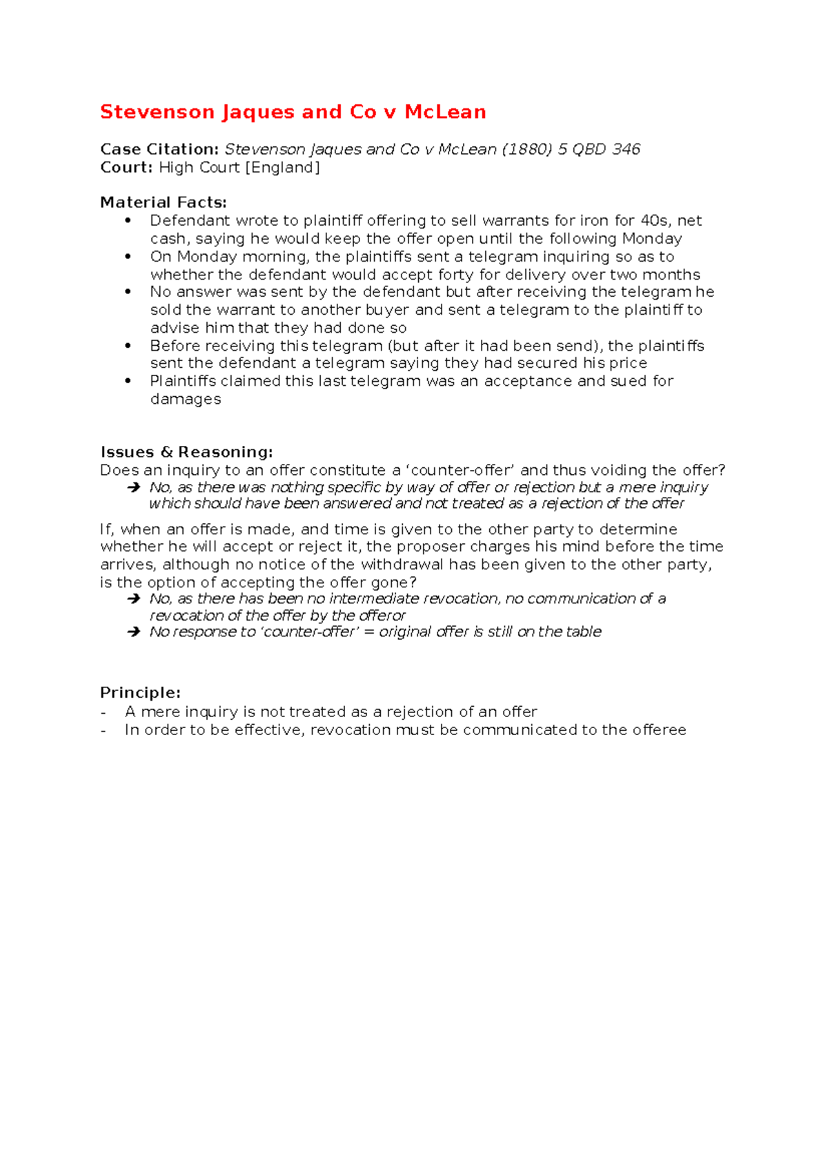 Stevenson v Mc Lean Case Summary Stevenson Jaques and Co v McLean
