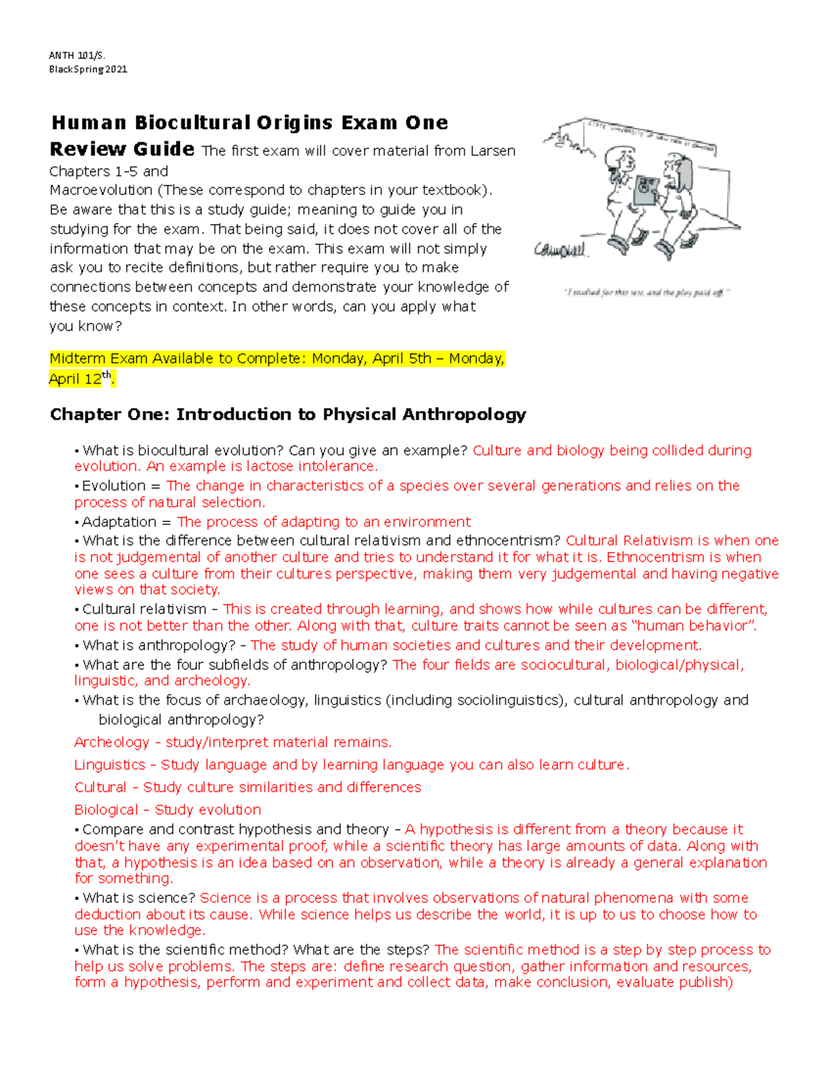 ANTH 100 Midterm Review - ANTH 101/S. Black Spring 2021 Human ...