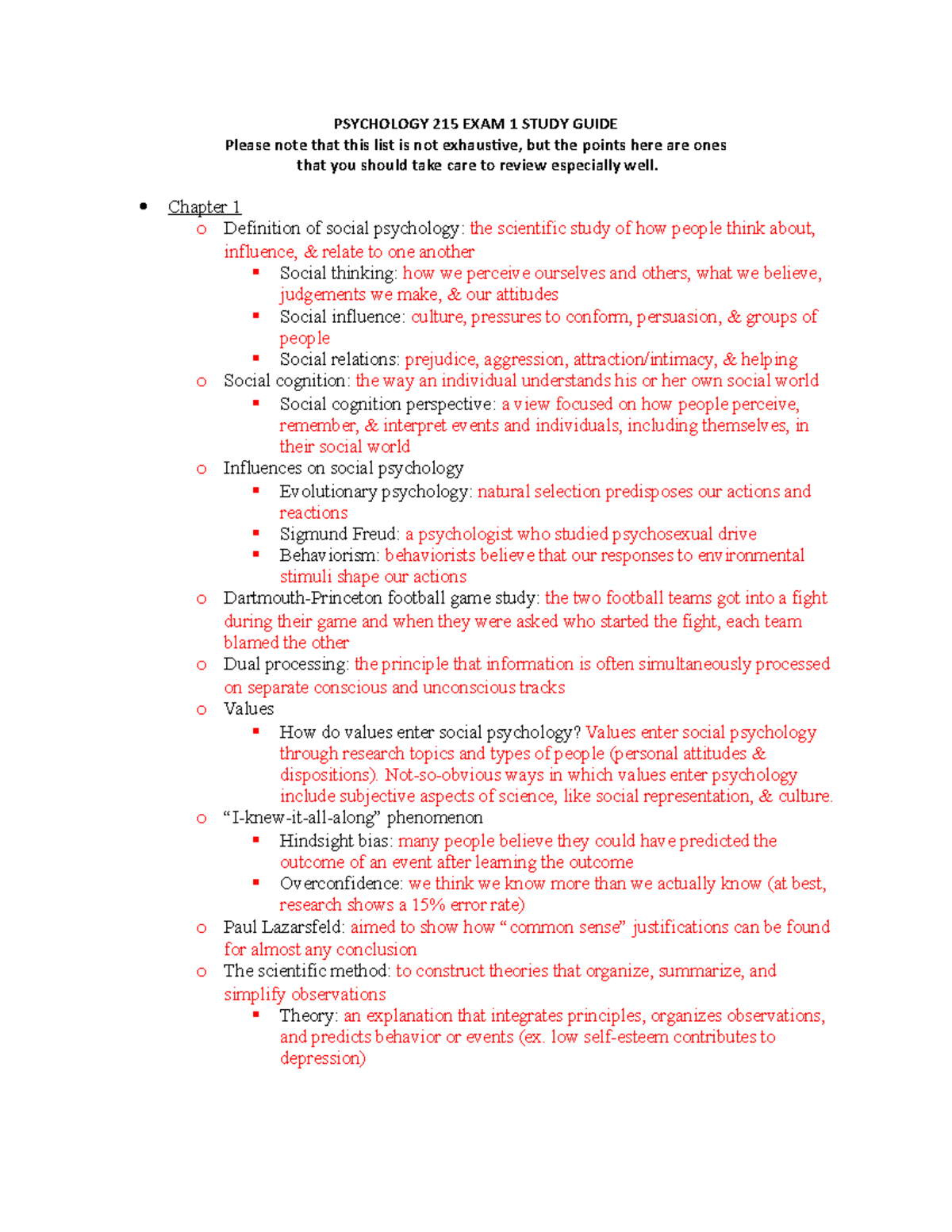PSYC Social - Exam #1 Study Guide - PSYCHOLOGY 215 EXAM 1 STUDY GUIDE ...