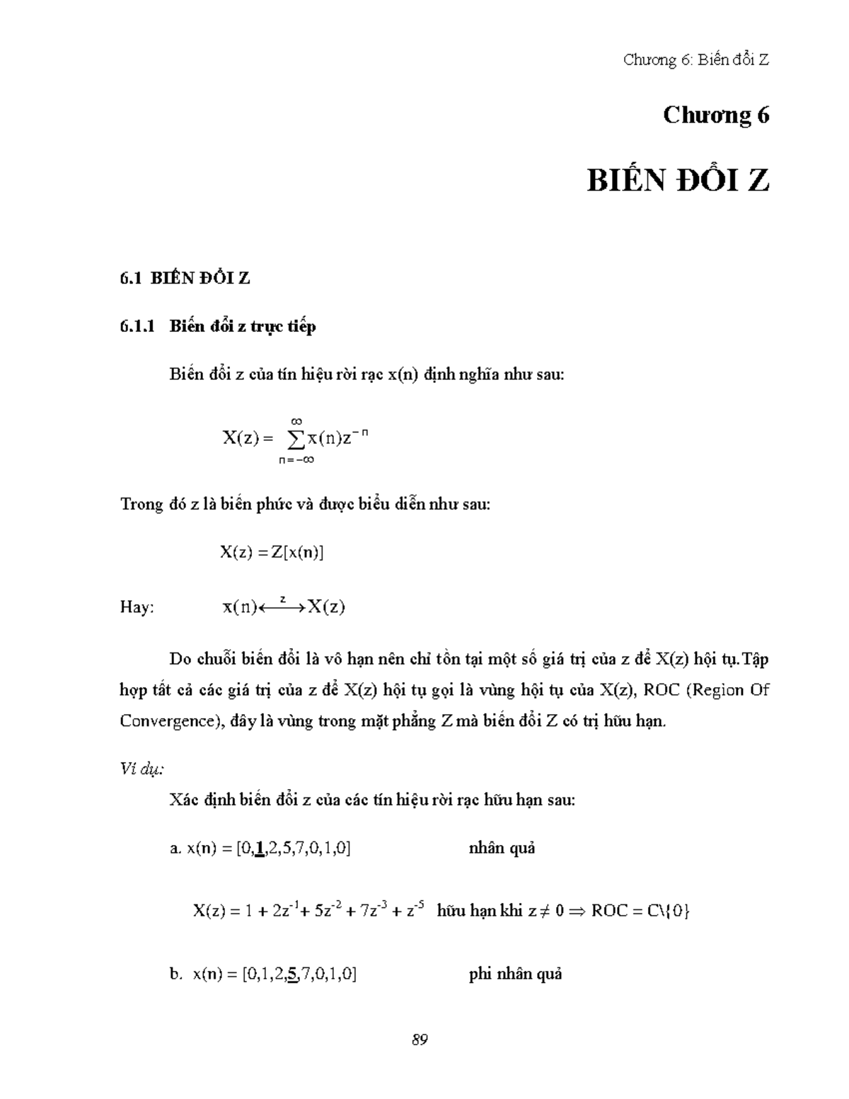 C6 Bd Z 111111 Chương 6 N 6 N 6 1 Iến đổi Z Trực Tiếp Biến đổi Z Của Tín Hiệu Rời
