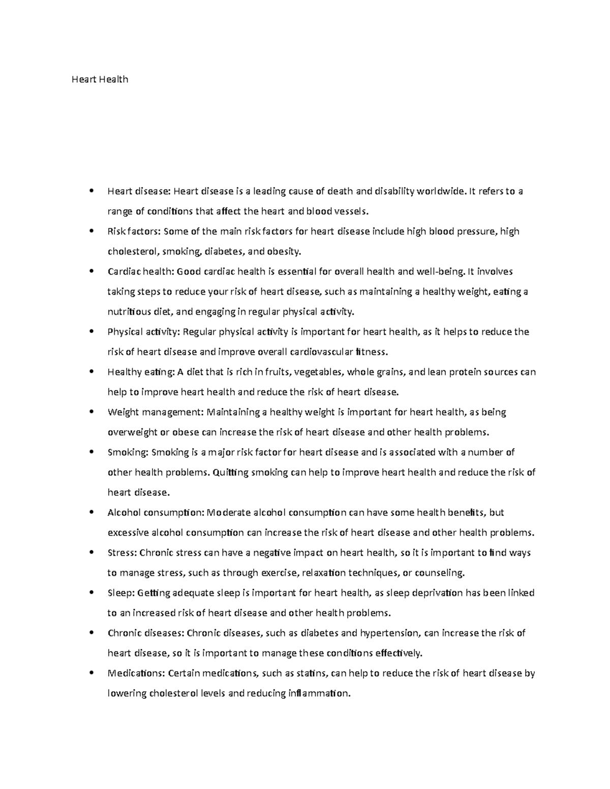 Heart Health notes - Heart Health Heart disease: Heart disease is a ...