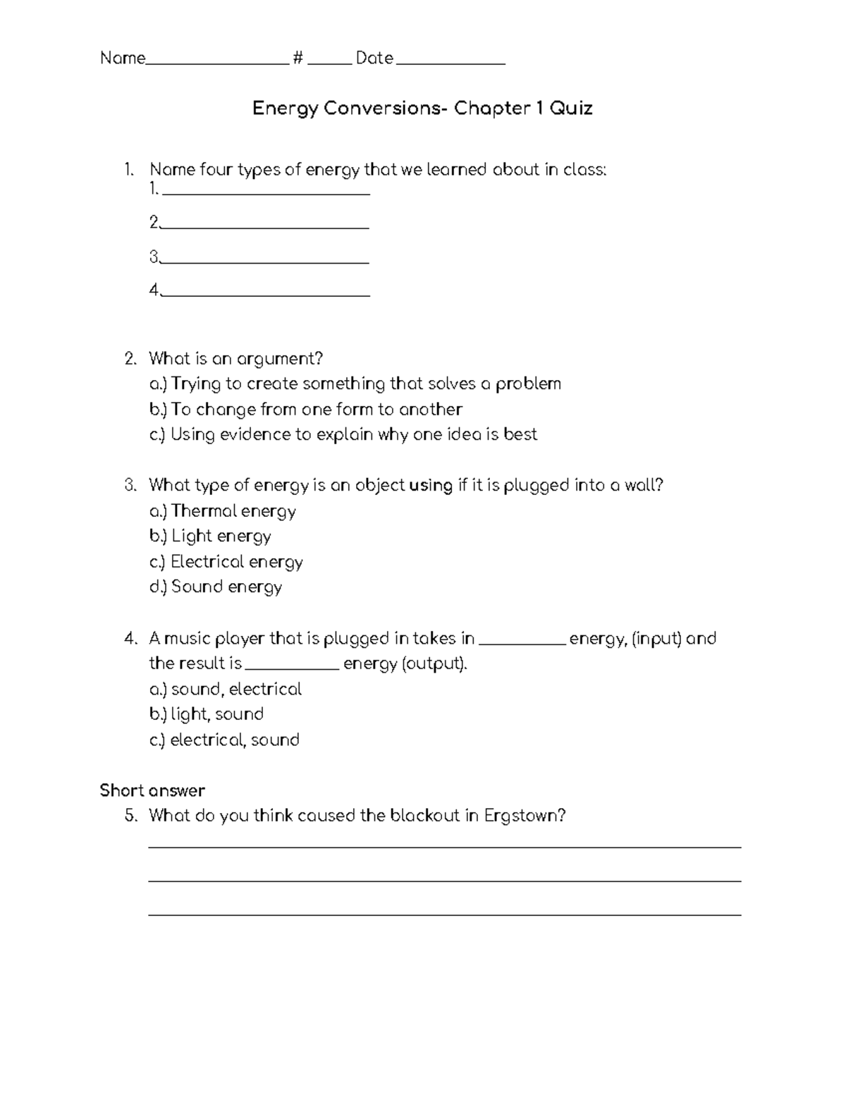 Amplify Science Grade 4Energy Conversions Chapter 1Quiz1 Name