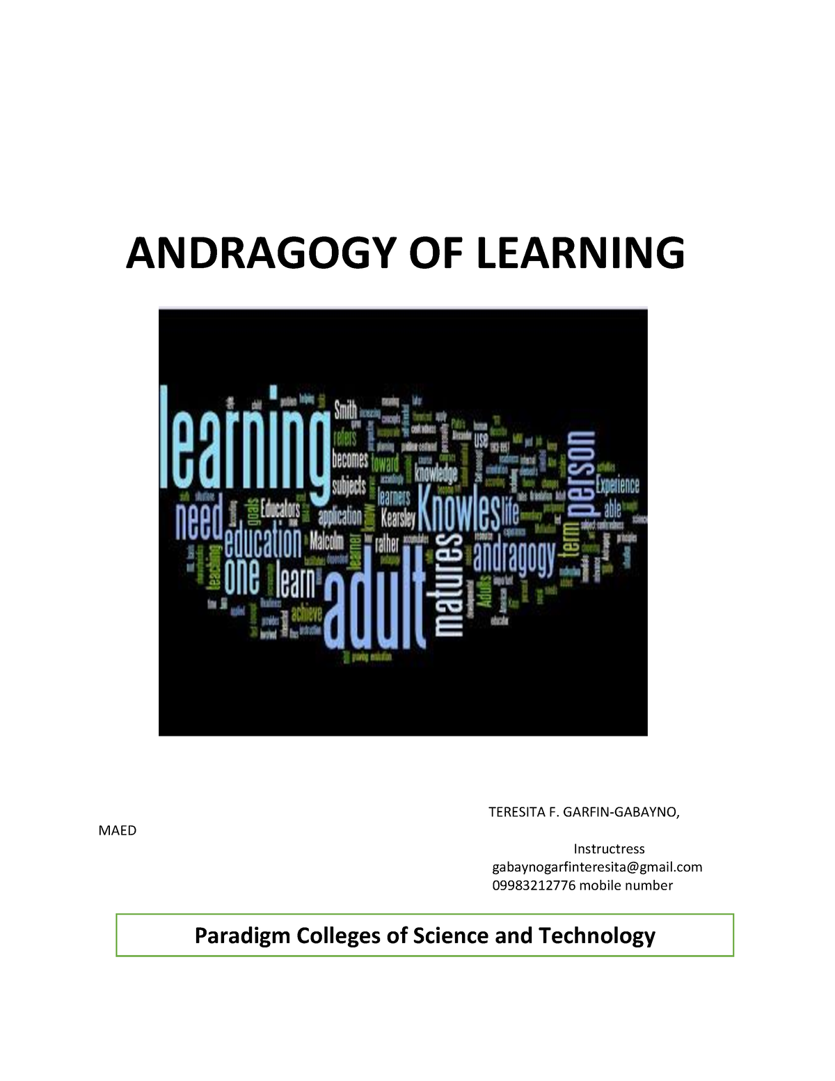 Andragogy Of Learning - ANDRAGOGY OF LEARNING TERESITA F. GARFIN ...