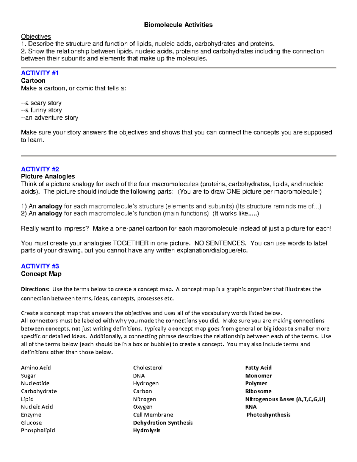 Biomolecule Activity Bsbshsha Biomolecule Activities Objectives