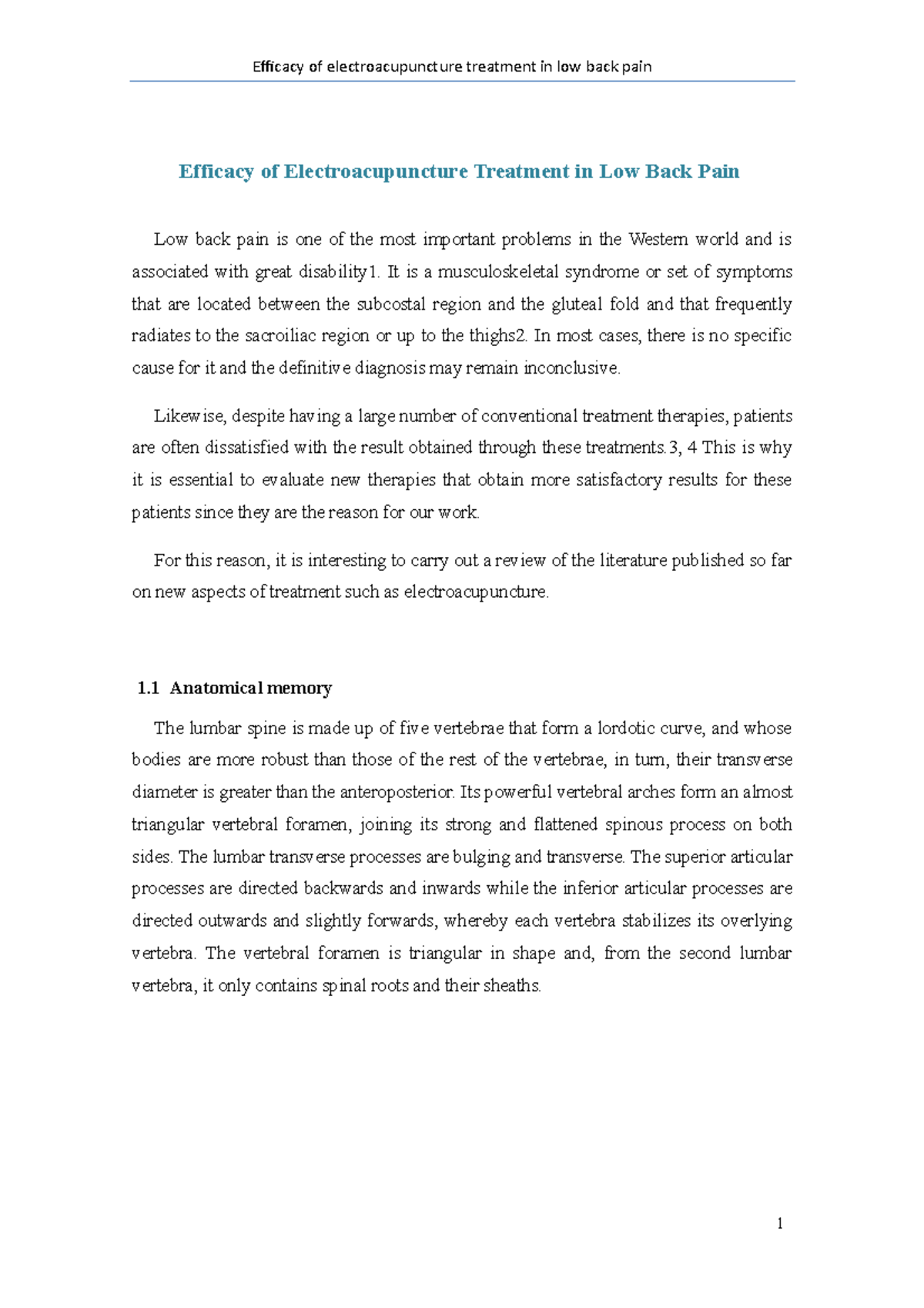 Efficacy of Electroacupuncture Treatment in Low Back Pain - It is a ...