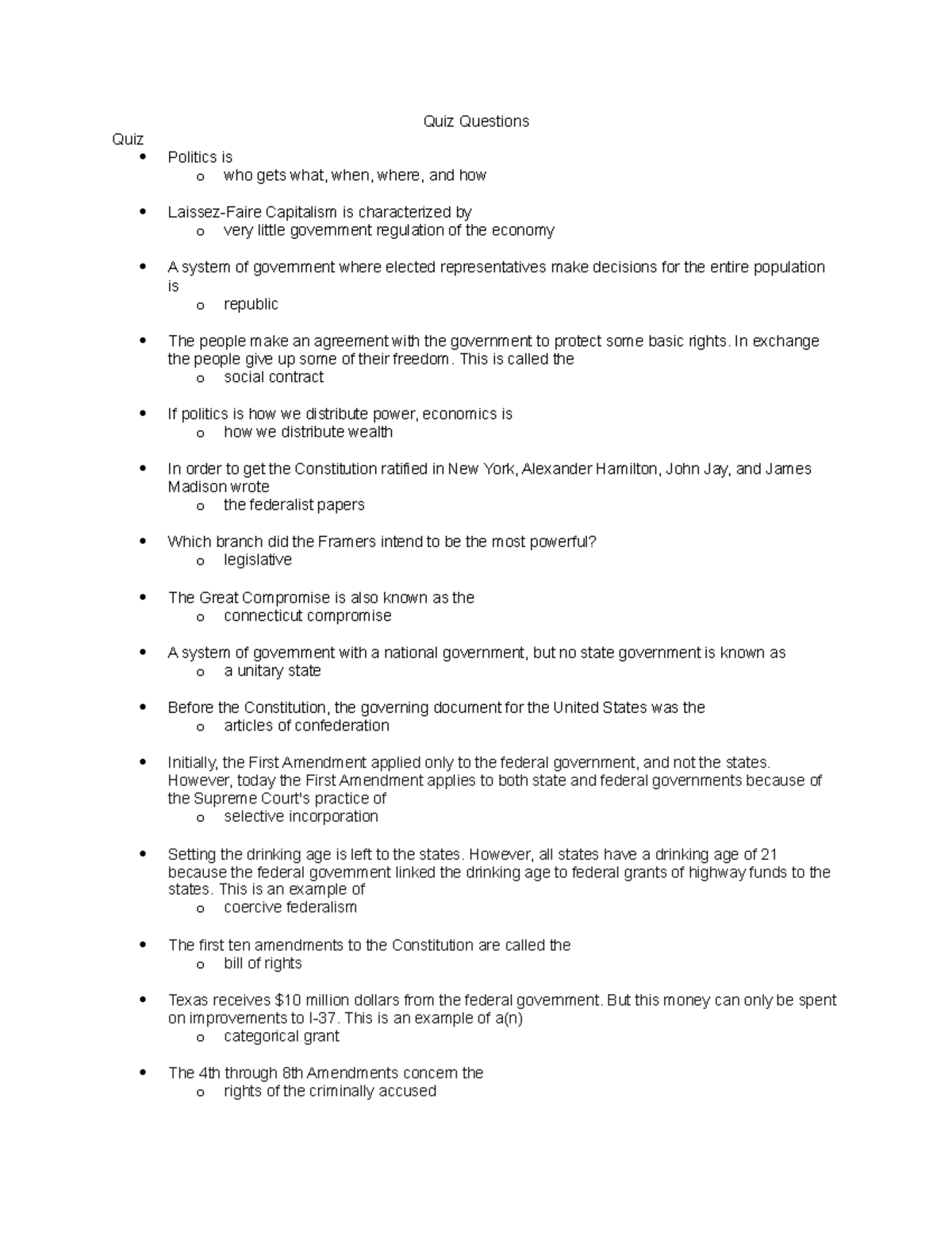 Quiz Questions - pols 2305 - Quiz Questions Quiz Politics is o who gets ...