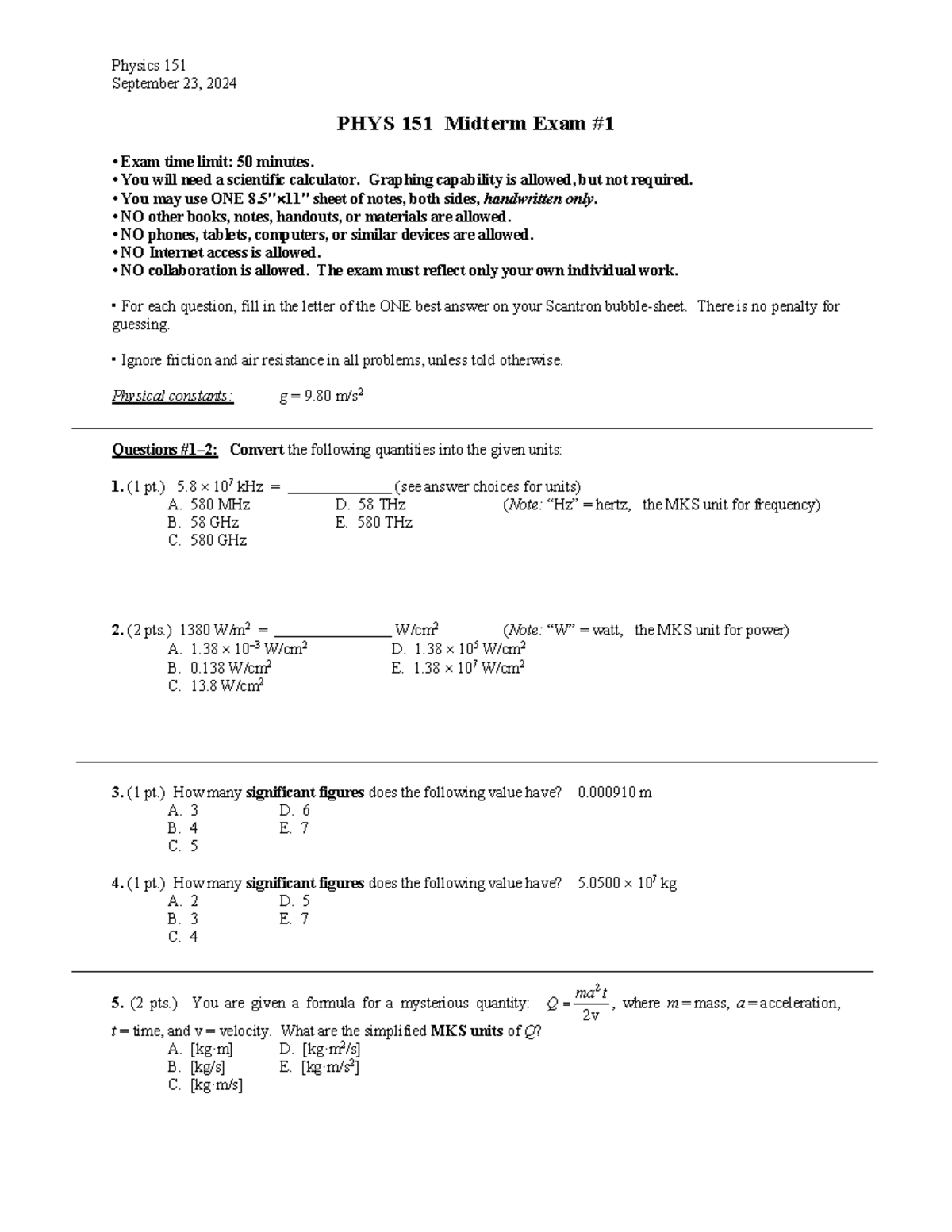 Exam Phys151fall24 Midterm 1 Actual Questions Physics 151 September Exam Phys151fall24 Midterm 1 Actual Questions Physics 151 September