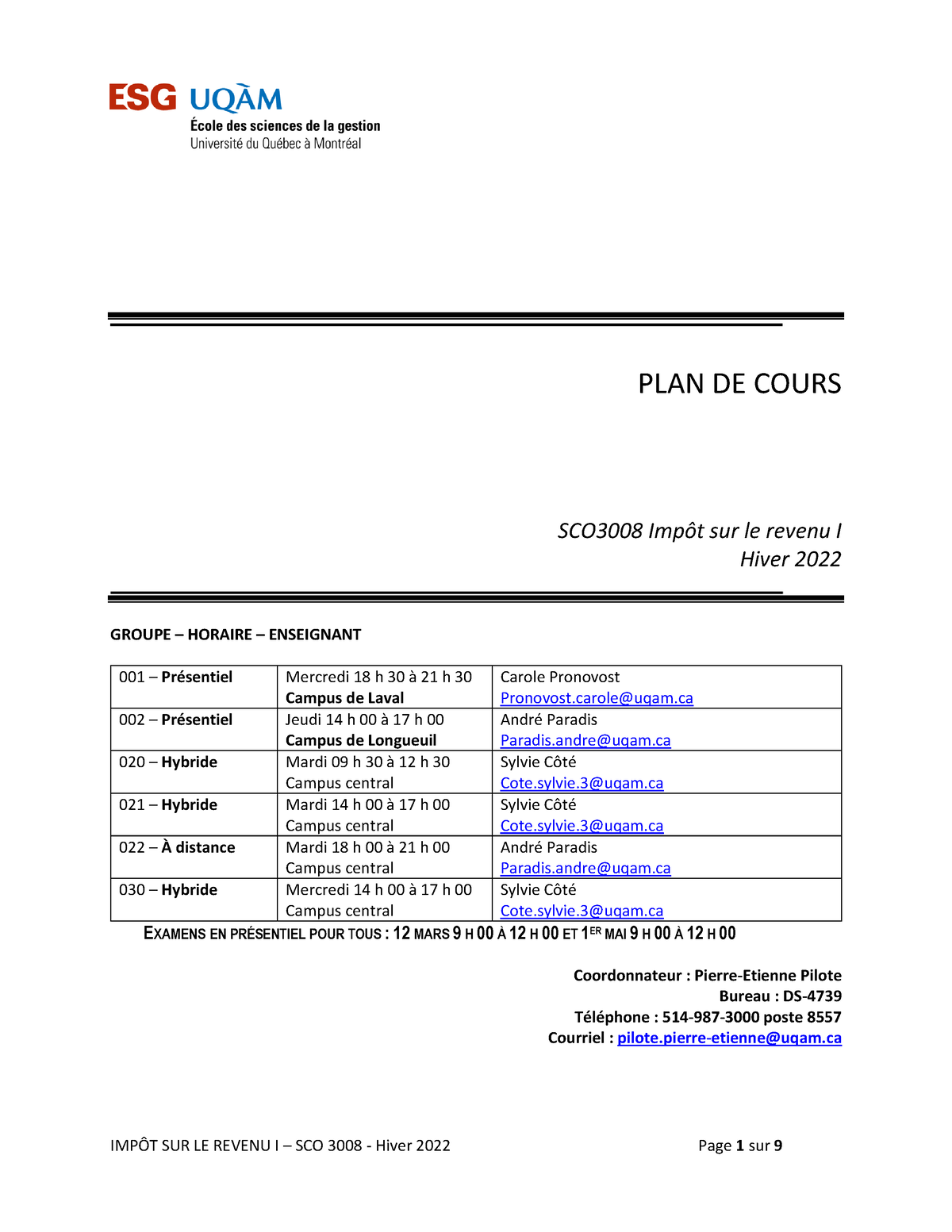 Plan De Cours Imp Ã´t Sur Le Revenu I Sco3008 H2022 Plan De Cours Sco3008 Impôt Sur Le Revenu