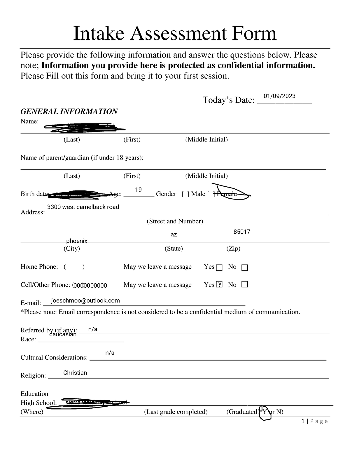 Fictional In-Take Form - Intake Assessment Form Please provide the ...