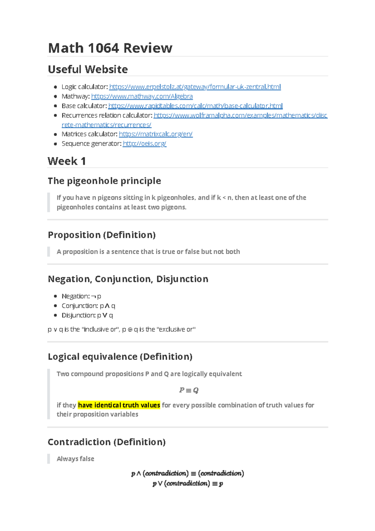 Math1064 Review Note - Math 1064 Review Useful Website Logic calculator: -  StuDocu