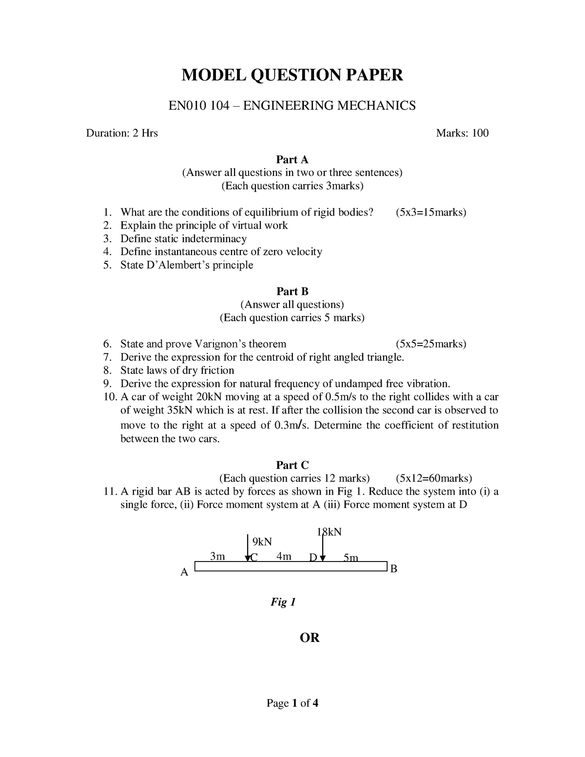 GE6253 - Engineering Mechanics OLD Model Question Paper - MODEL ...