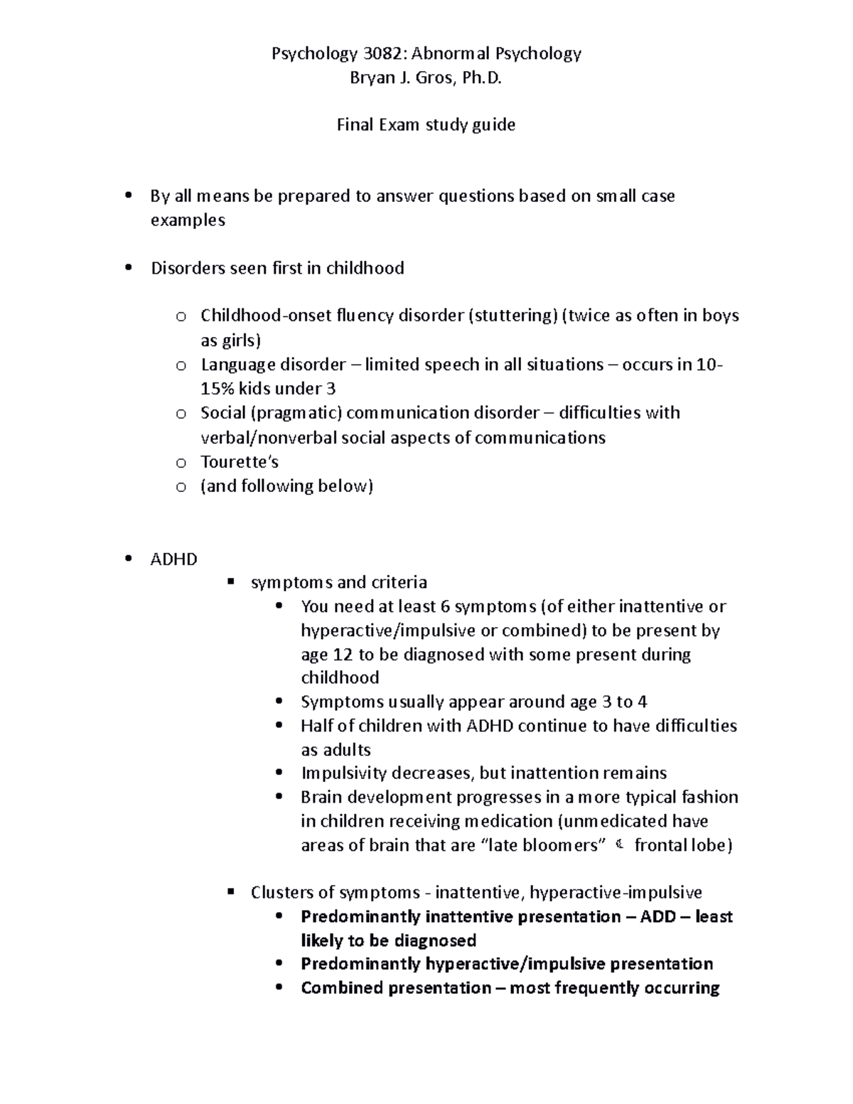 3082 Final Exam Review - Psychology 3082: Abnormal Psychology Bryan J ...