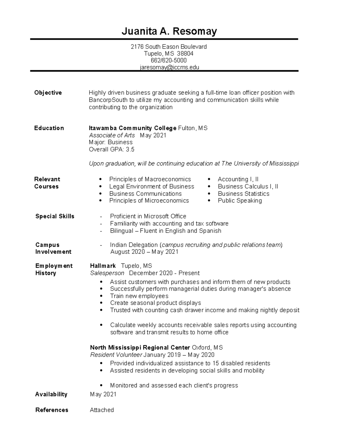 Associate of Arts Resume - Juanita A. Resomay 2176 South Eason ...