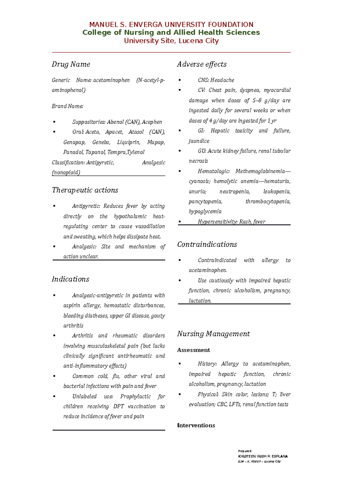 Acetaminophen DRUG Study MANUEL S. ENVERGA UNIVERSITY FOUNDATION