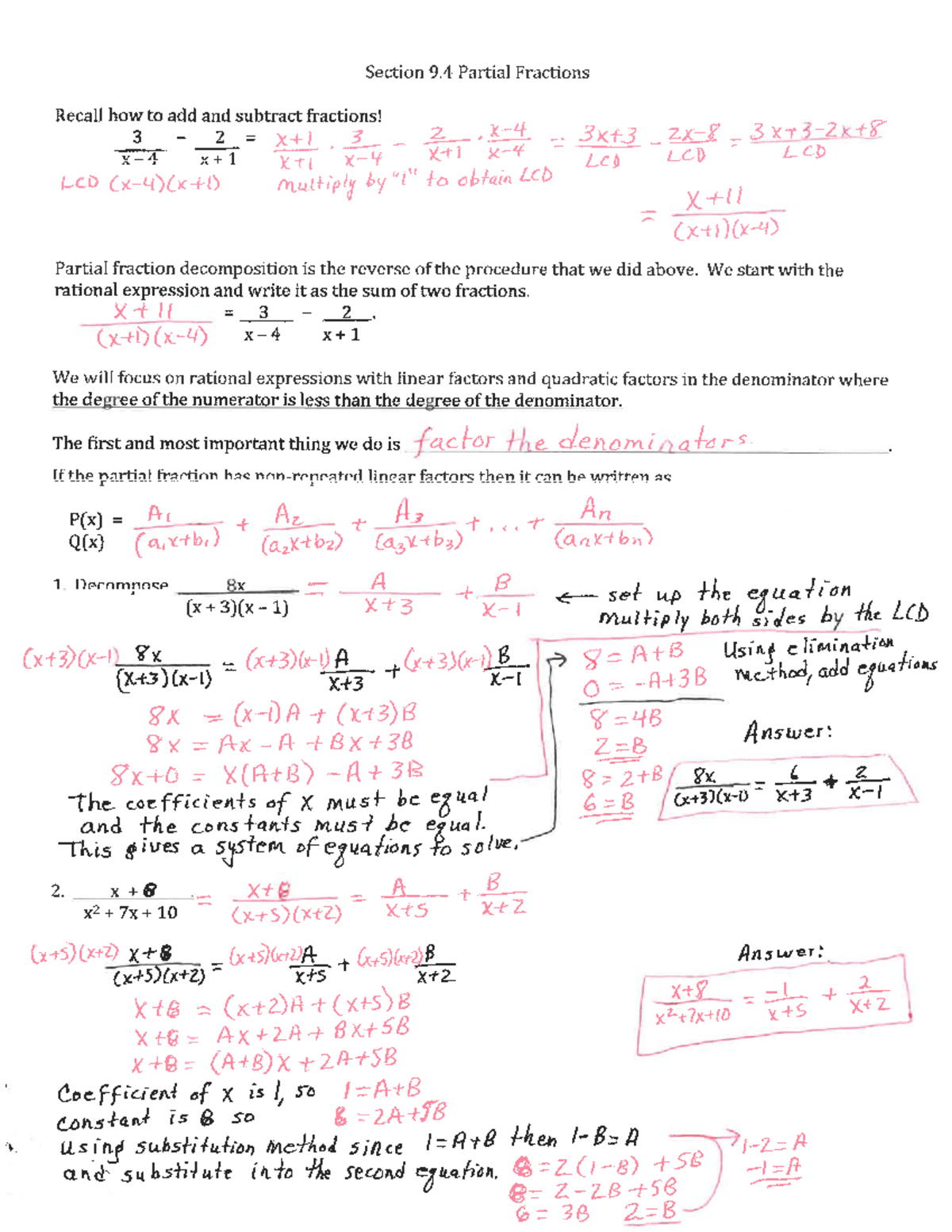 Partial Fractions Notes Completed - Math 1533 - Studocu