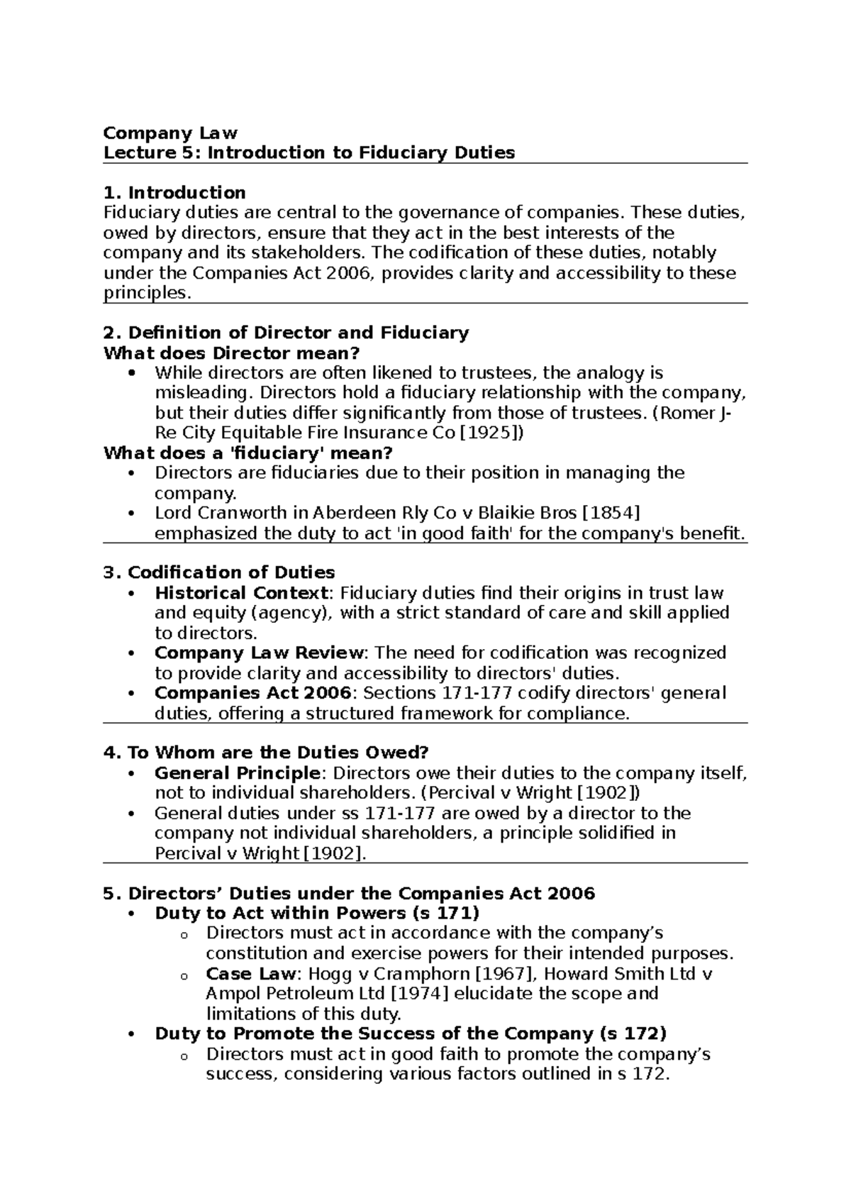 5 Fiduciary Duties Notes - Company Law Lecture 5: Introduction To ...