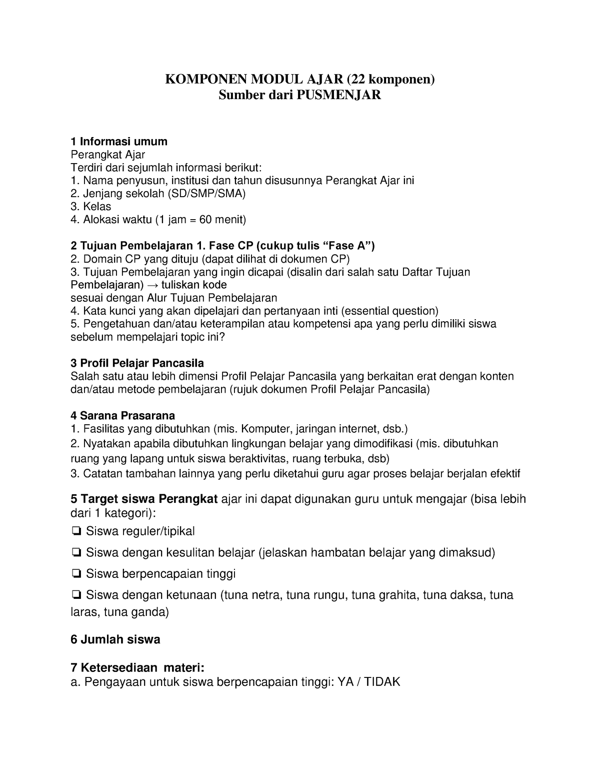 22 Komponen Modul AJAR - KOMPONEN MODUL AJAR (22 Komponen) Sumber Dari ...