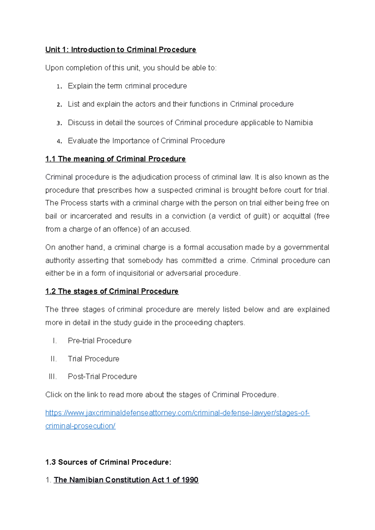Unit 1- Introduction to Criminal Procedure - It is also known as the ...