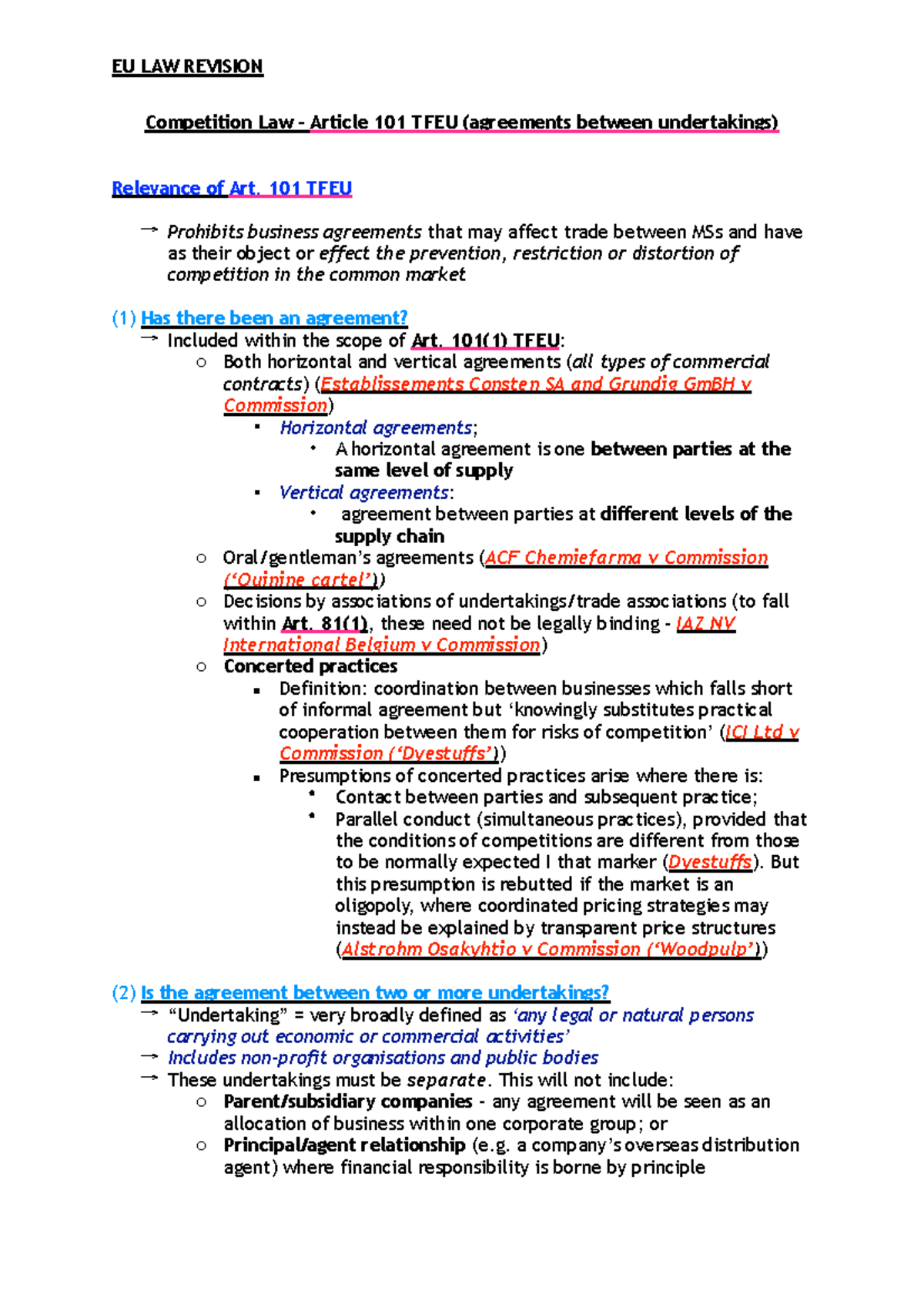 EU Workshop 8 Revision - Competition Law – Article 101 TFEU (agreements ...