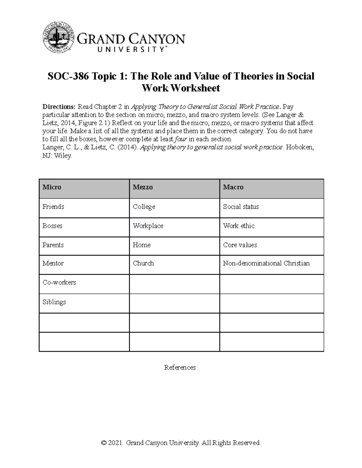 SOC386 T1 The Role and Value of Theories in Social Work Worksheet