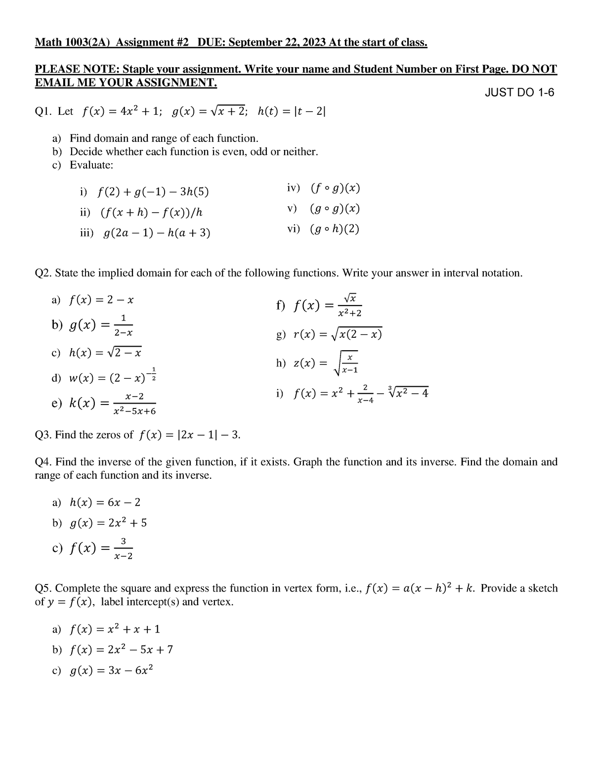 Assignment 2 Math 1003 FA2023 - Math 100 3 (2A) Assignment #2 DUE ...