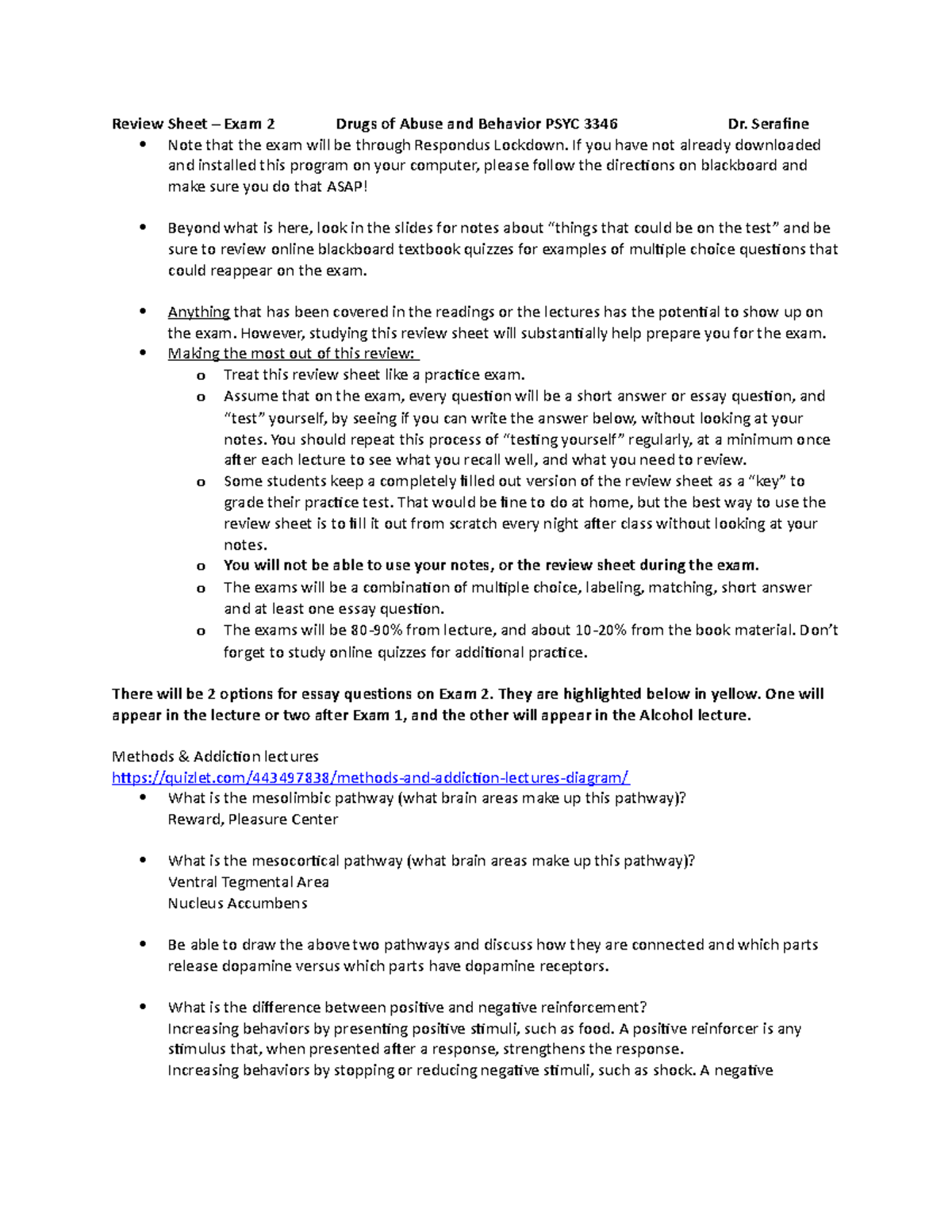 Exam 2 Review sheet Review Sheet Exam 2 Drugs of Abuse and Behavior