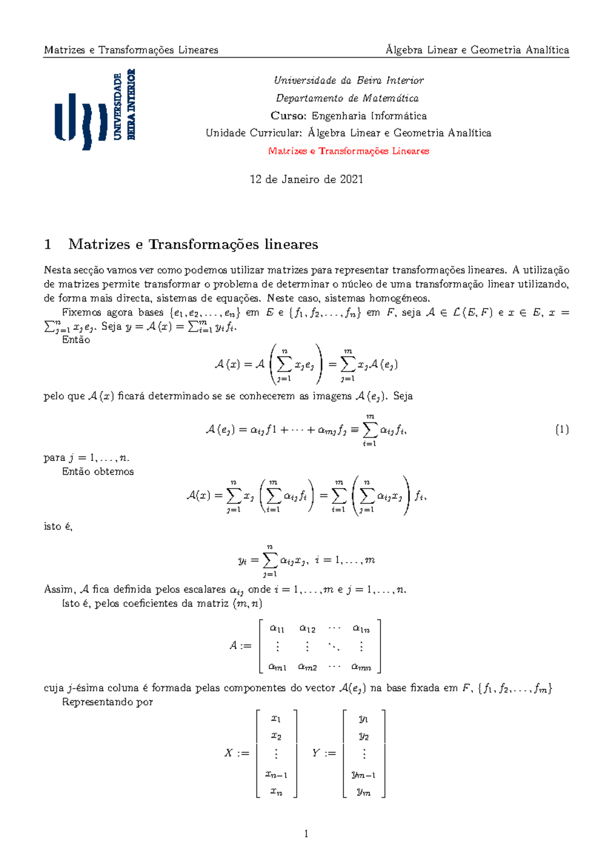 Matrizes E Transformacoes Lineares - Álgebra Linear - Studocu