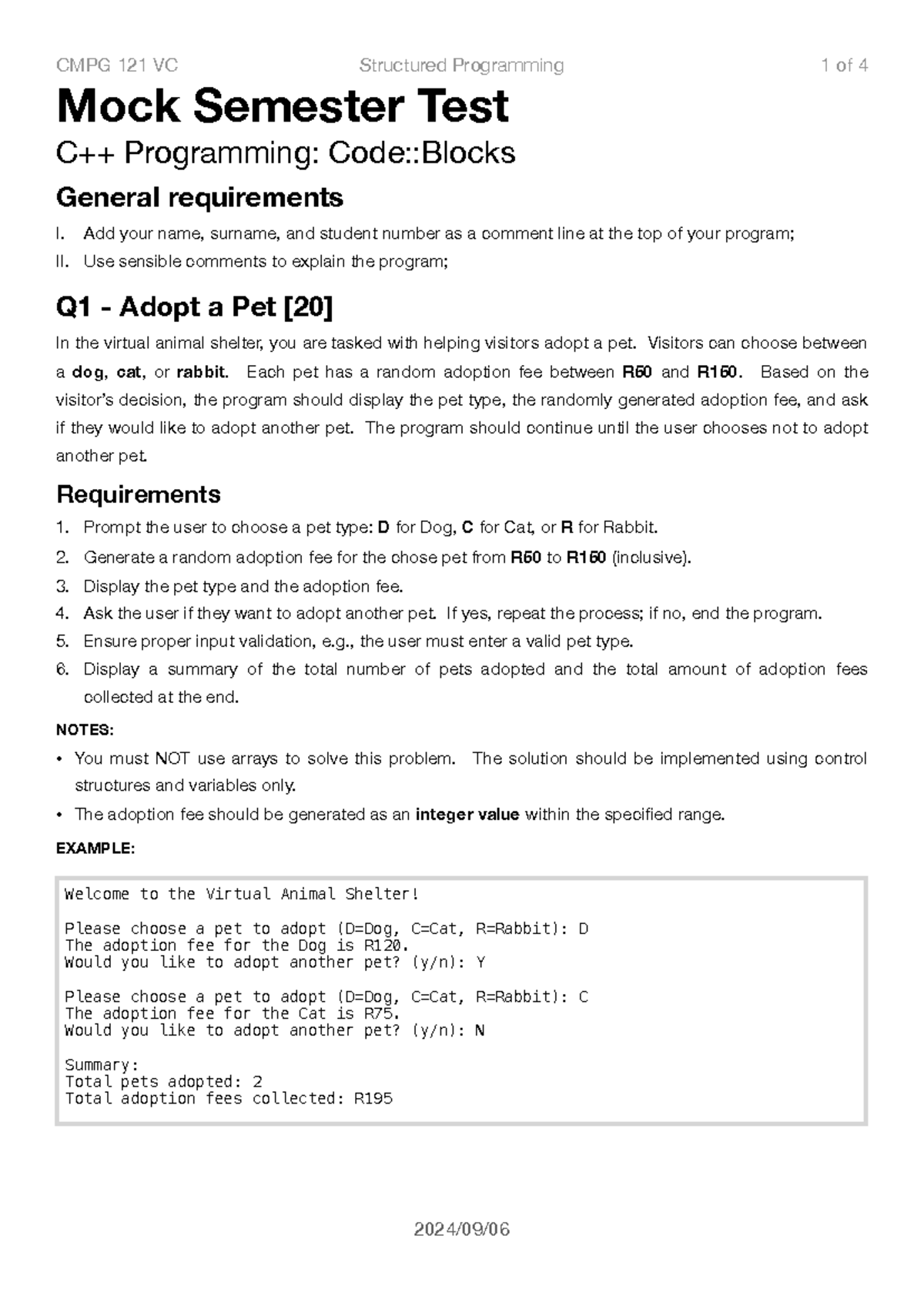 CMPG121 Mock Semester Test - Mock Semester Test C++ Programming: Code ...