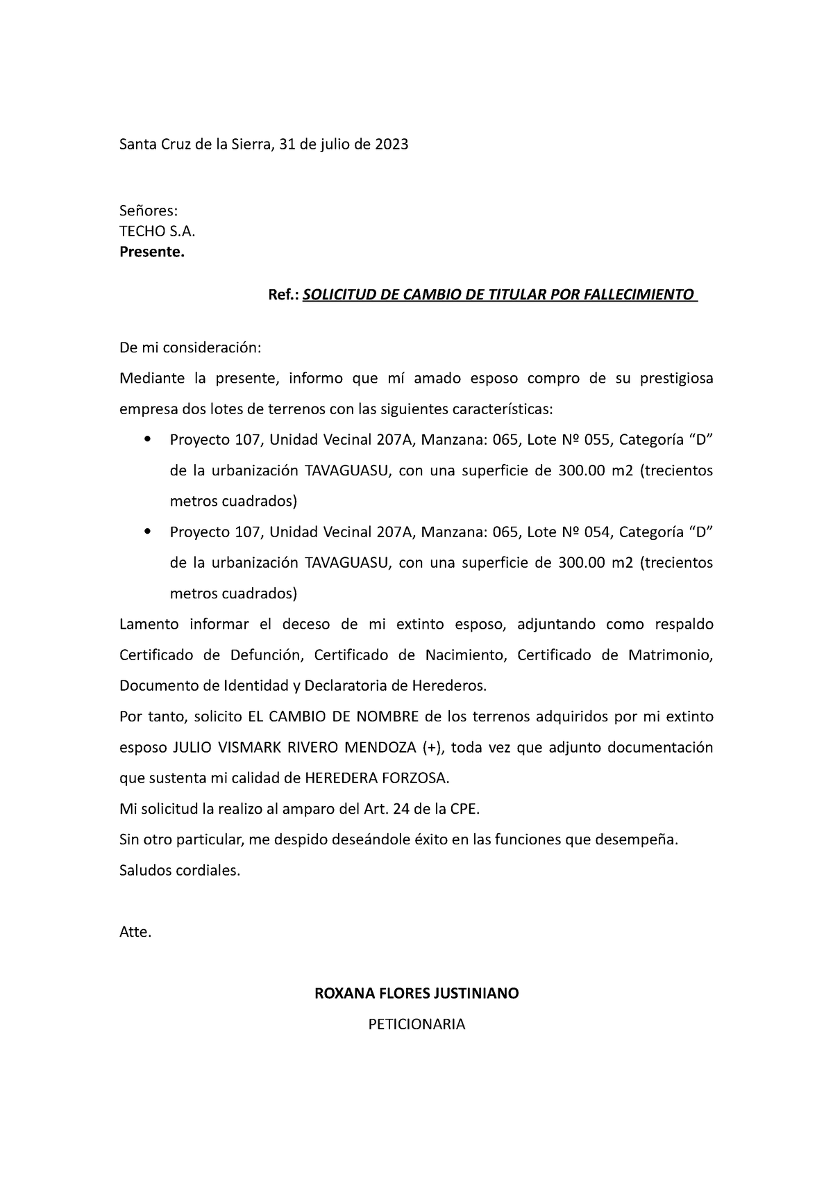 Carta PARA Techo Roxana - Santa Cruz de la Sierra, 31 de julio de 2023 ...