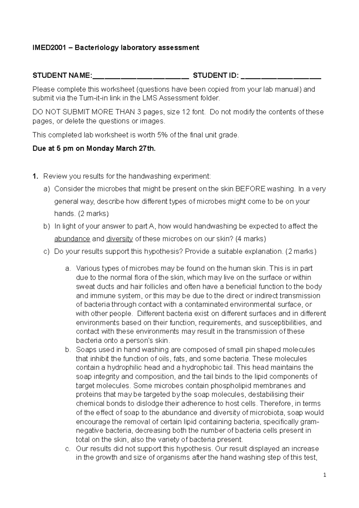 IMED2001 Laboratory Assessment 2023- YH - IMED2001 – Bacteriology ...