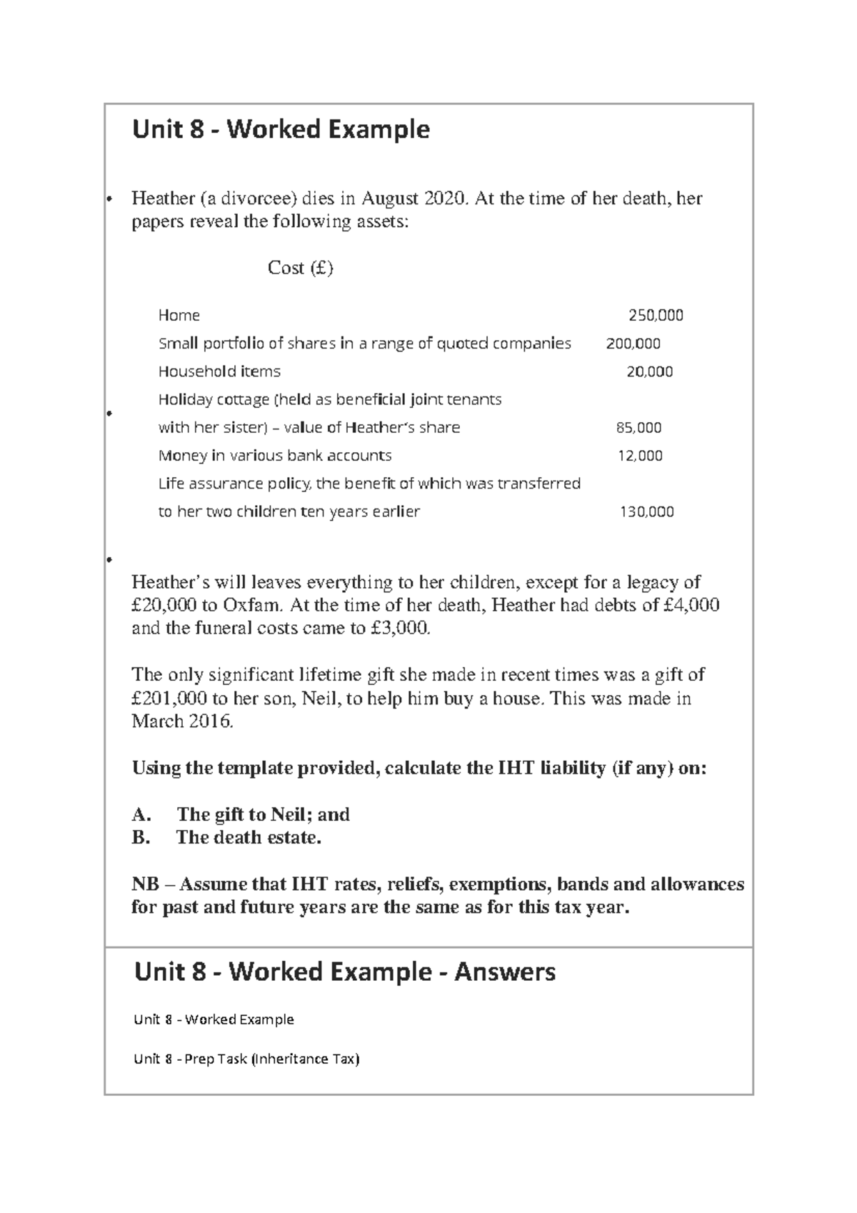 Worked Example Inheritance Tax - Unit 8 - Worked Example Heather (a ...