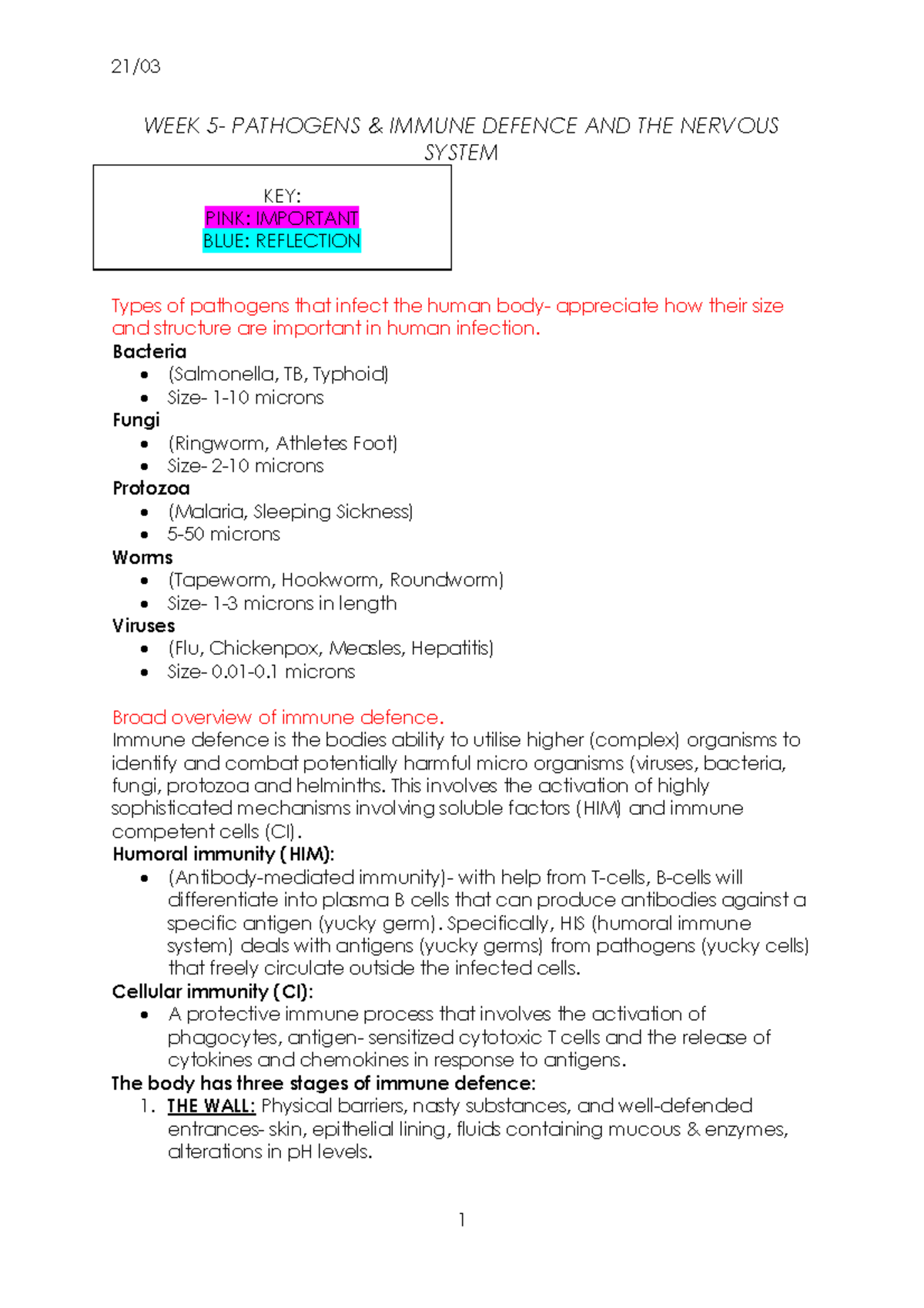 Week 5 - hubs - WEEK 5- PATHOGENS & IMMUNE DEFENCE AND THE NERVOUS ...
