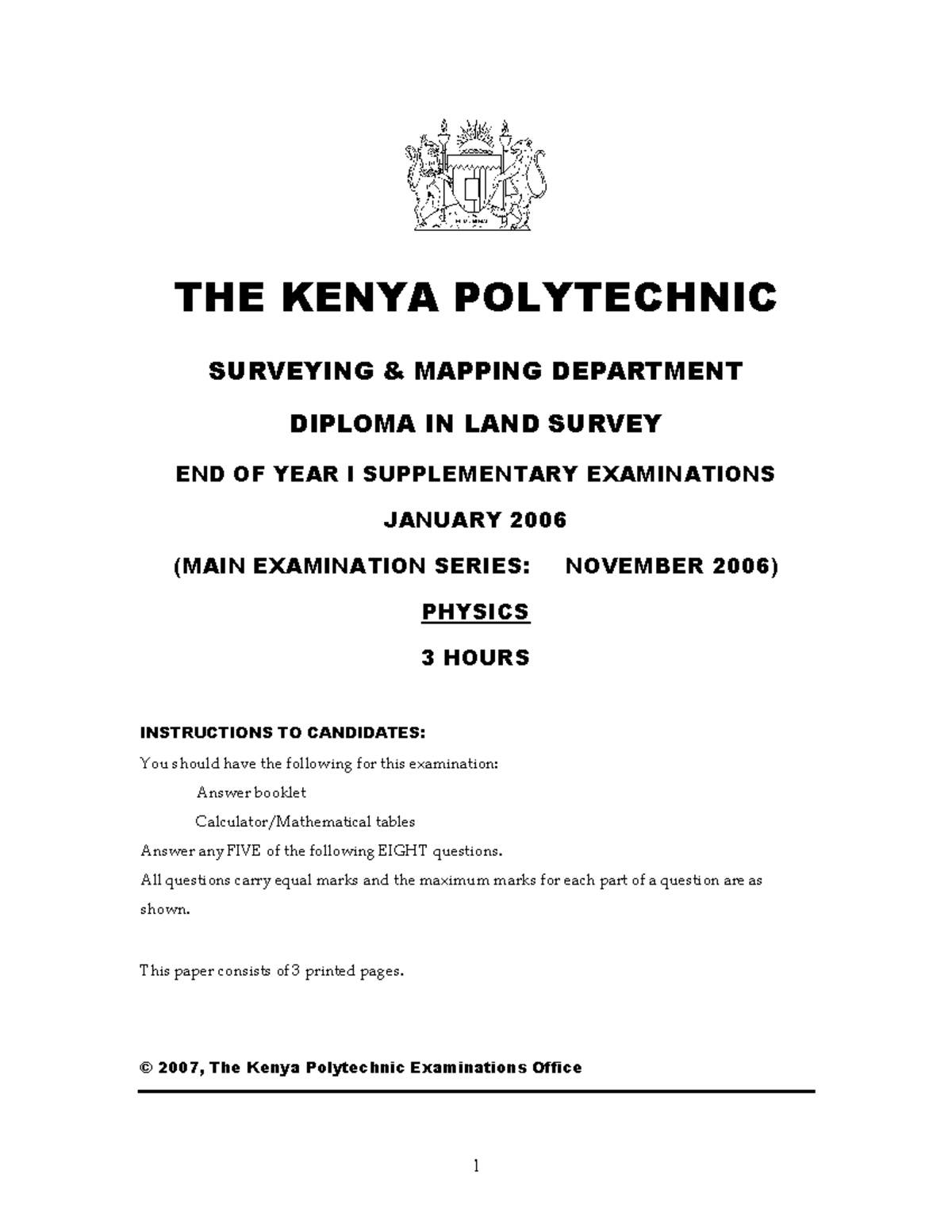 06Nov(Survey-SUP)-Physics - 1 THE KENYA POLYTECHNIC SURVEYING & MAPPING ...