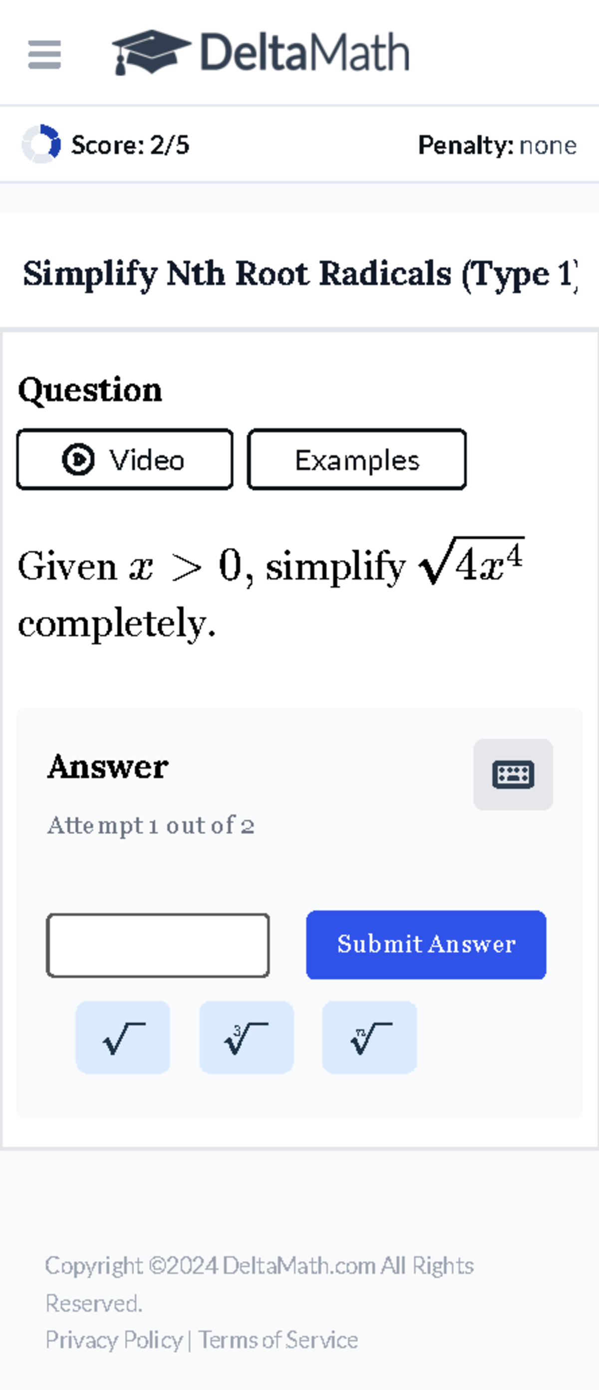 Delta Math Student Application - Score: 2/5 Penalty: none Simplify Nth ...