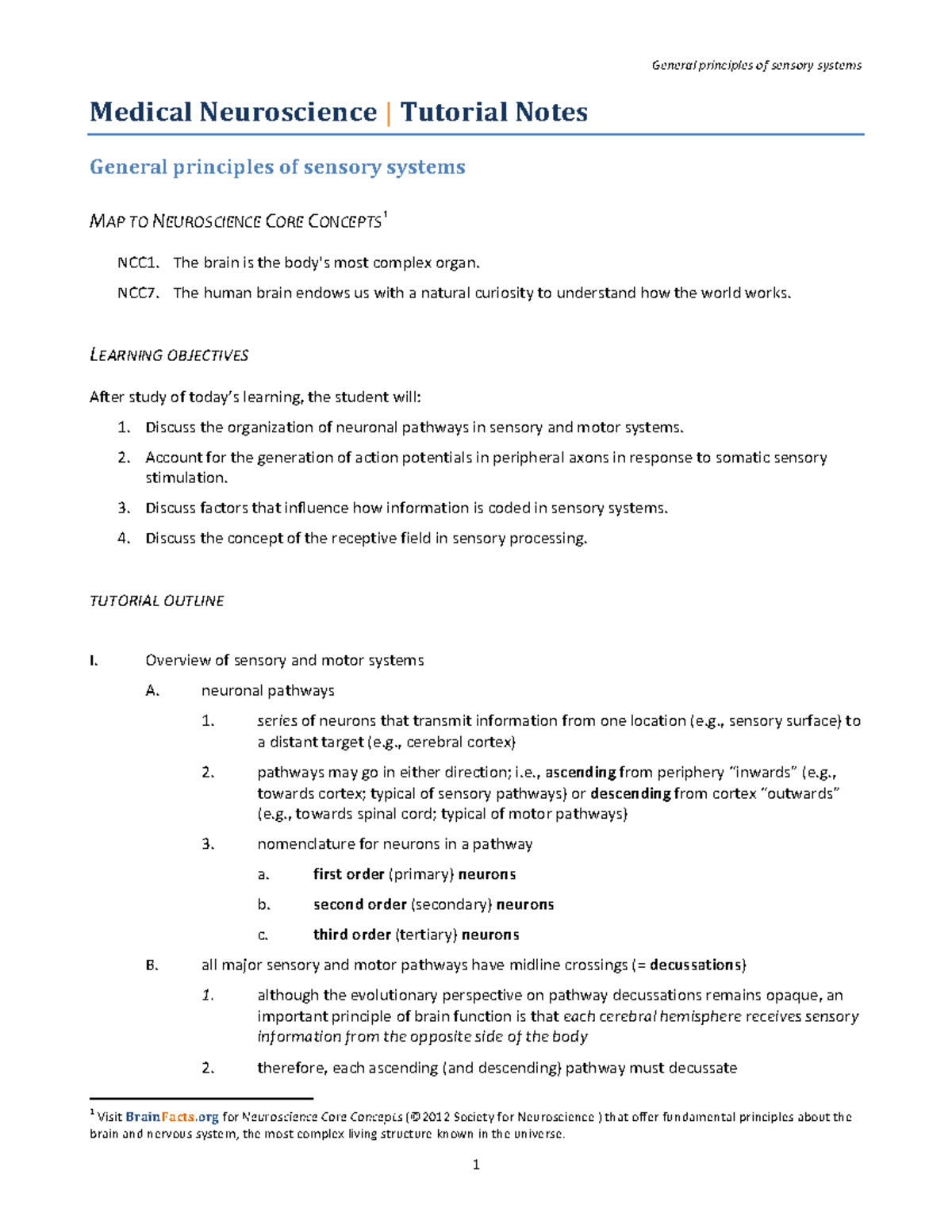 Tutorial notes General Principles of Sensory Systems - General ...