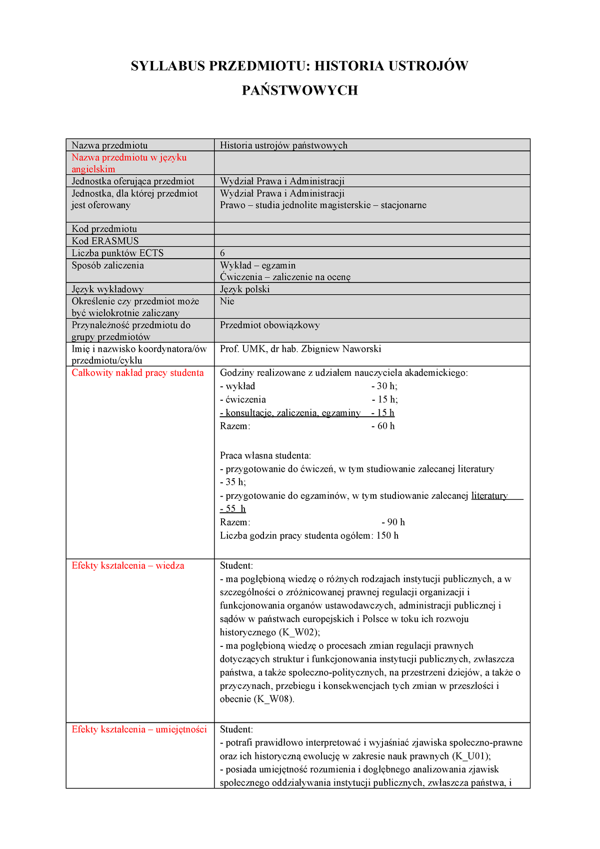 Sylabus Historia Ustrojow - SYLLABUS PRZEDMIOTU: HISTORIA USTROJÓW ...