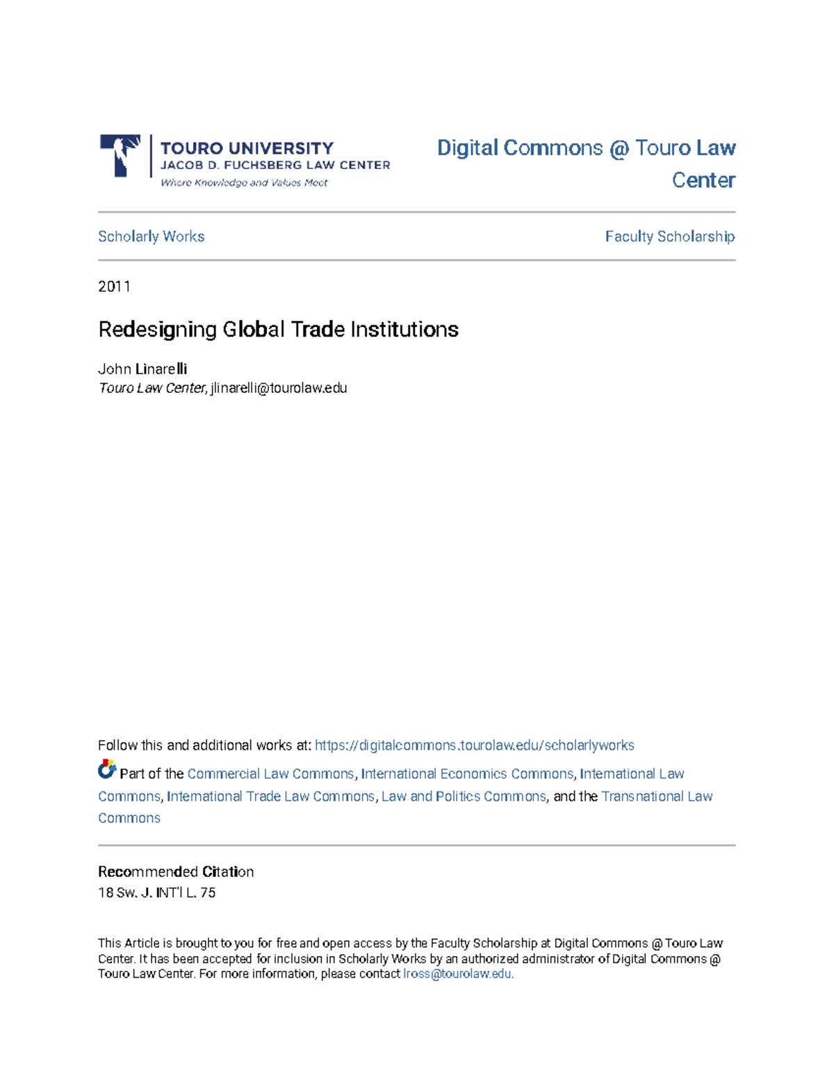 Redesigning Global Trade Institutions - Digital Commons @ Touro