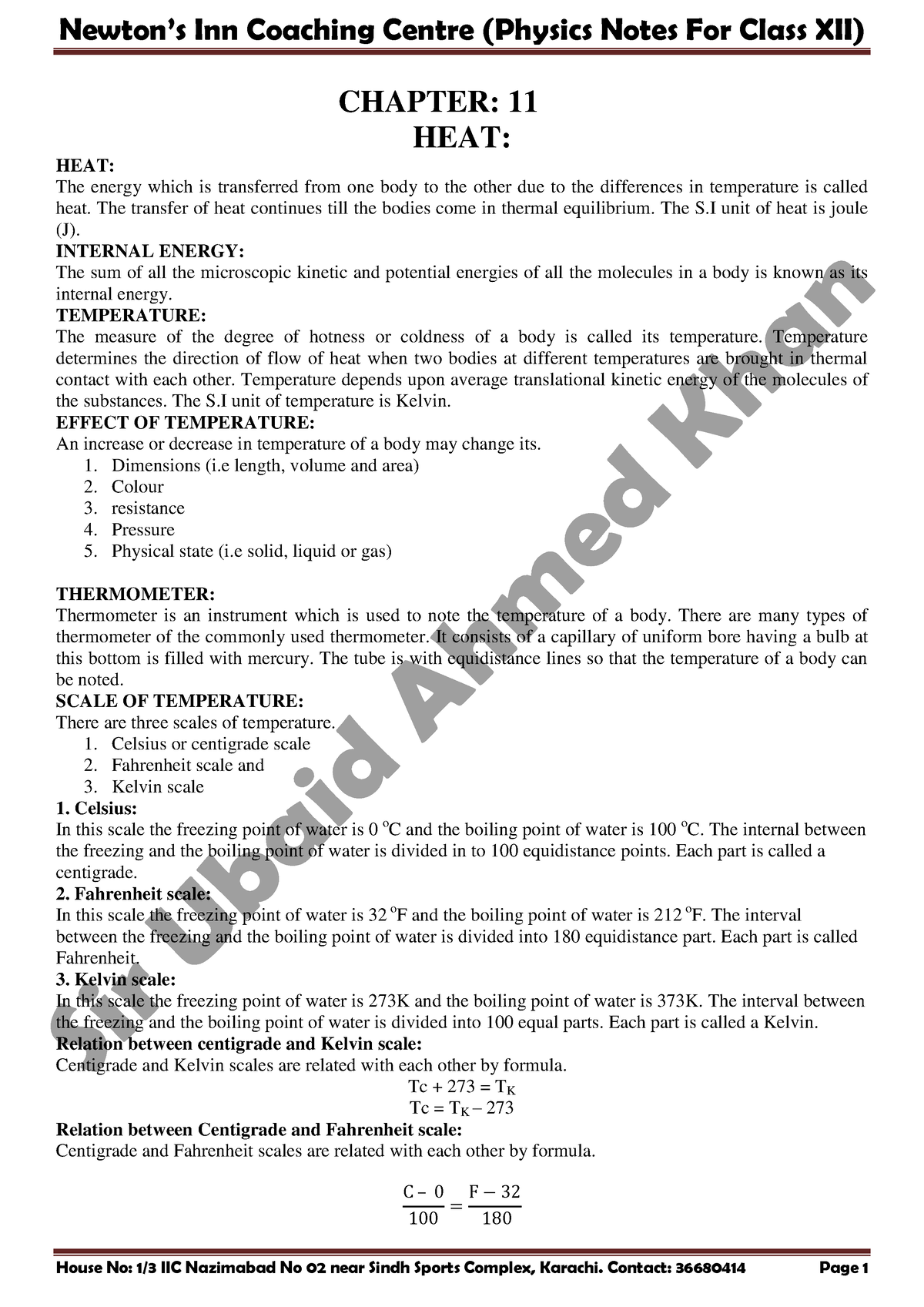 XII Physics Notes by Sir Ubaid Ahmed Khan - CHAPTER: 11 HEAT: HEAT: The ...